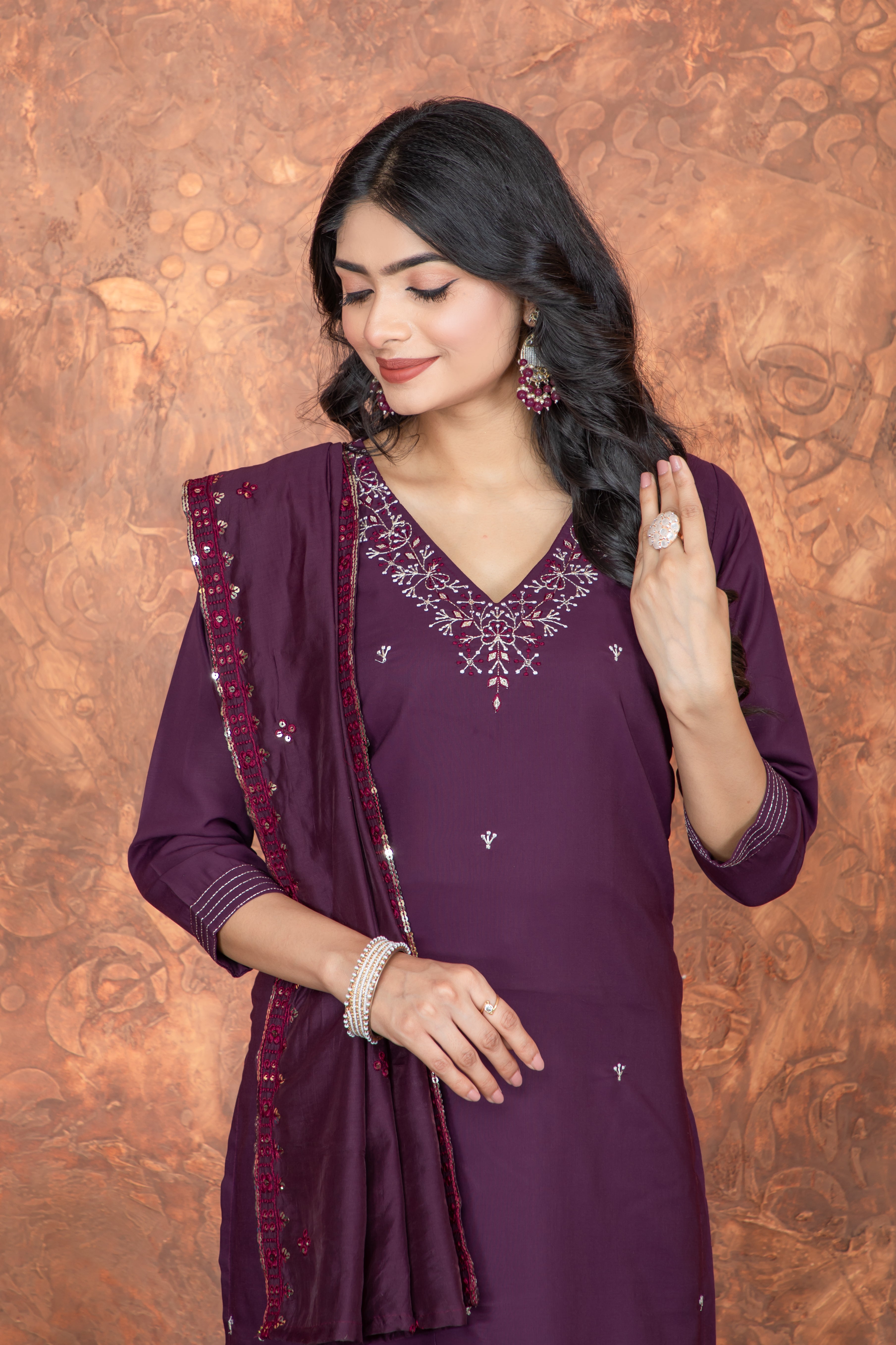 Fumka Roman Silk Kurti Set with Embroidery Work and matching bottom for a perfect blend of comfort and grace!