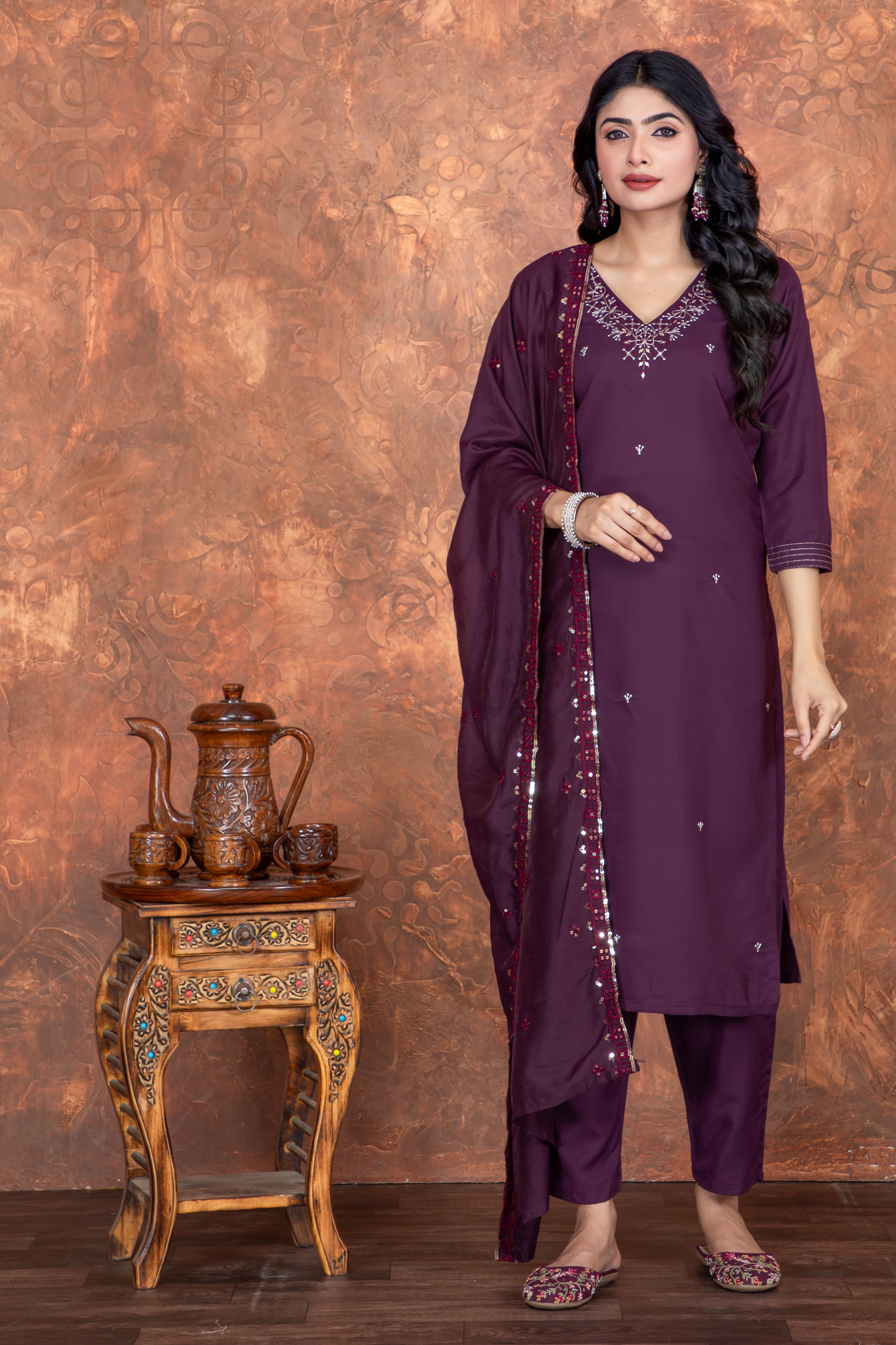 Fumka Roman Silk Kurti Set with Embroidery Work and matching bottom for a perfect blend of comfort and grace!