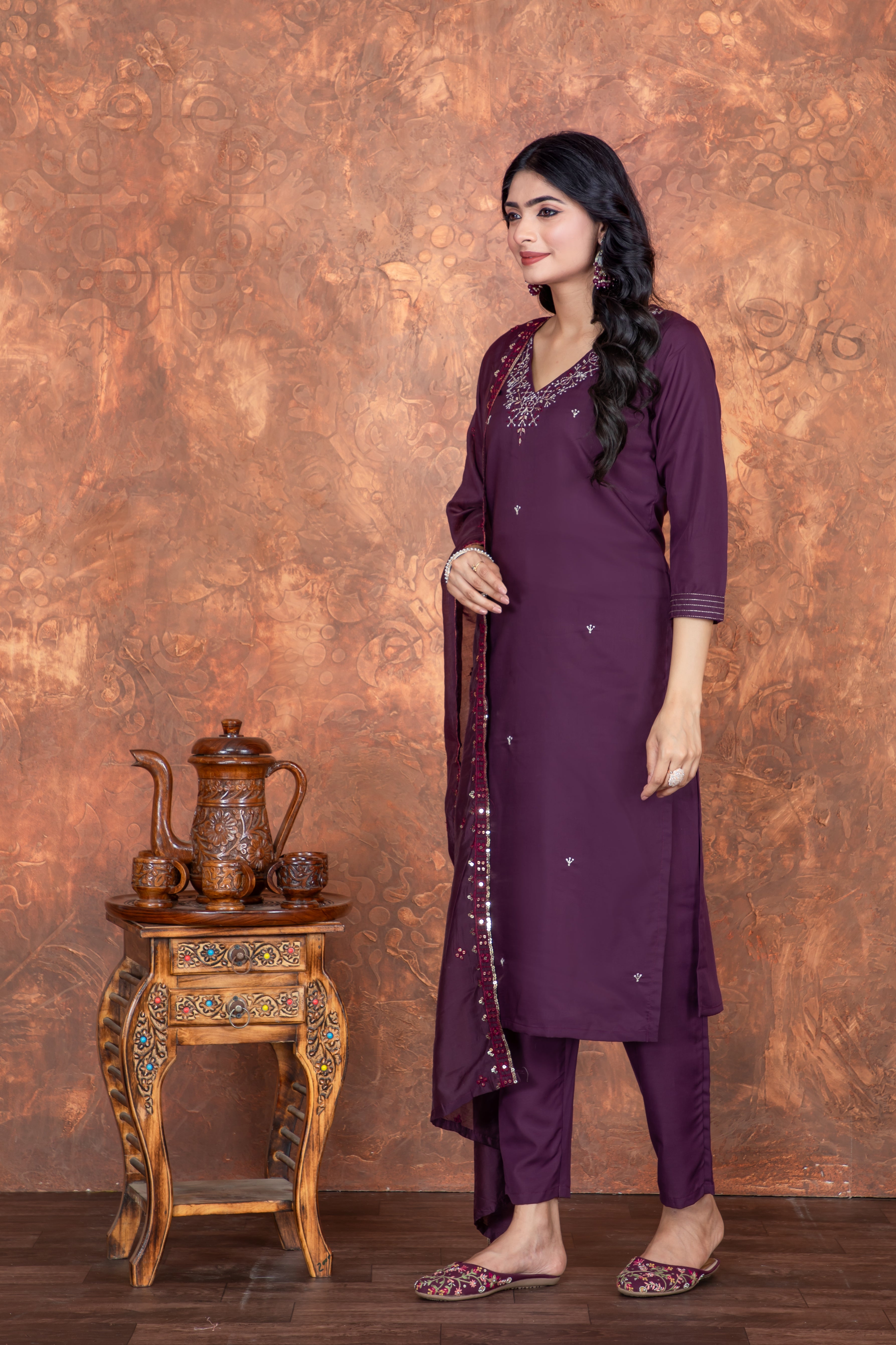 Fumka Roman Silk Kurti Set with Embroidery Work and matching bottom for a perfect blend of comfort and grace!