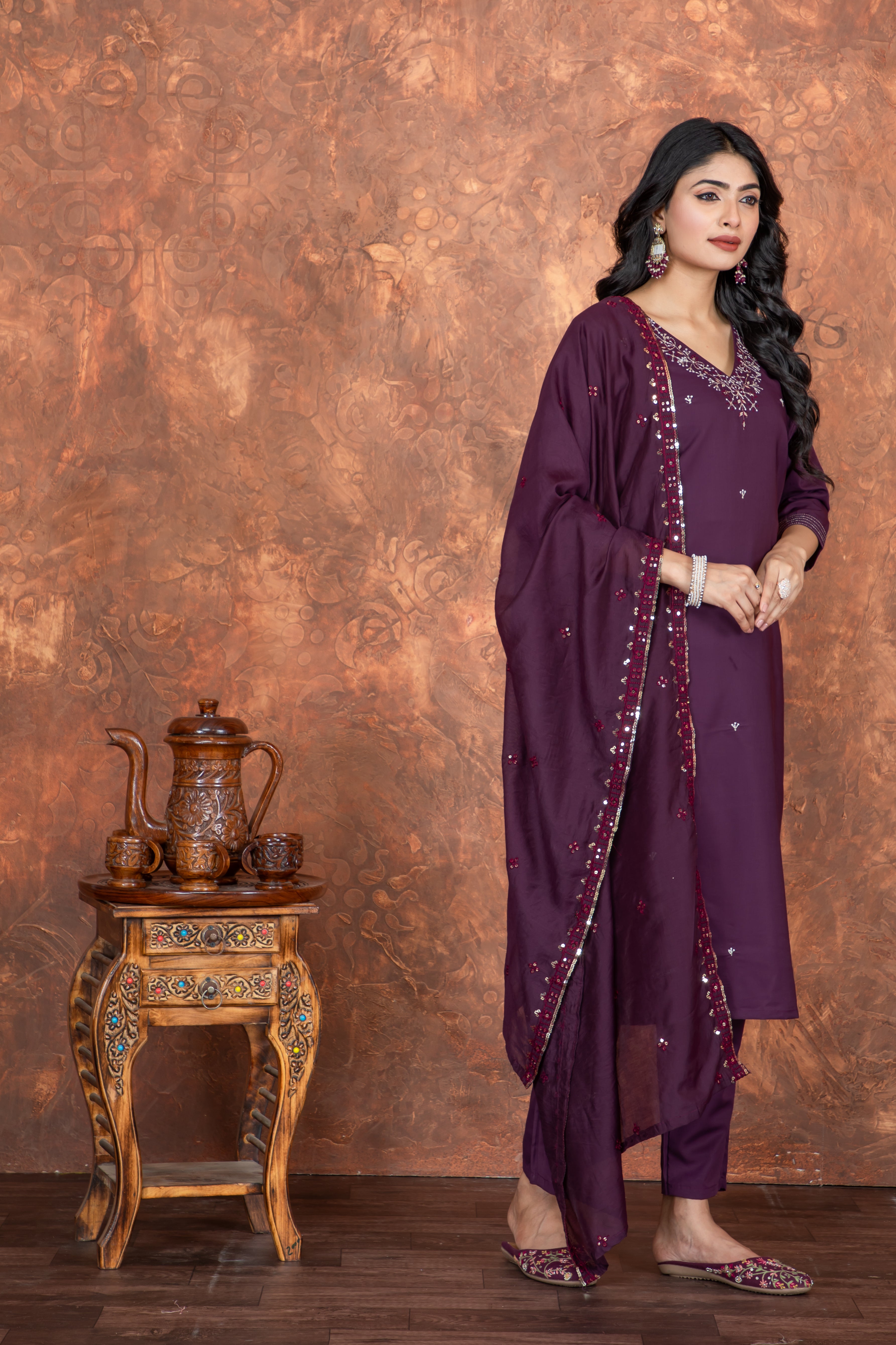 Fumka Roman Silk Kurti Set with Embroidery Work and matching bottom for a perfect blend of comfort and grace!