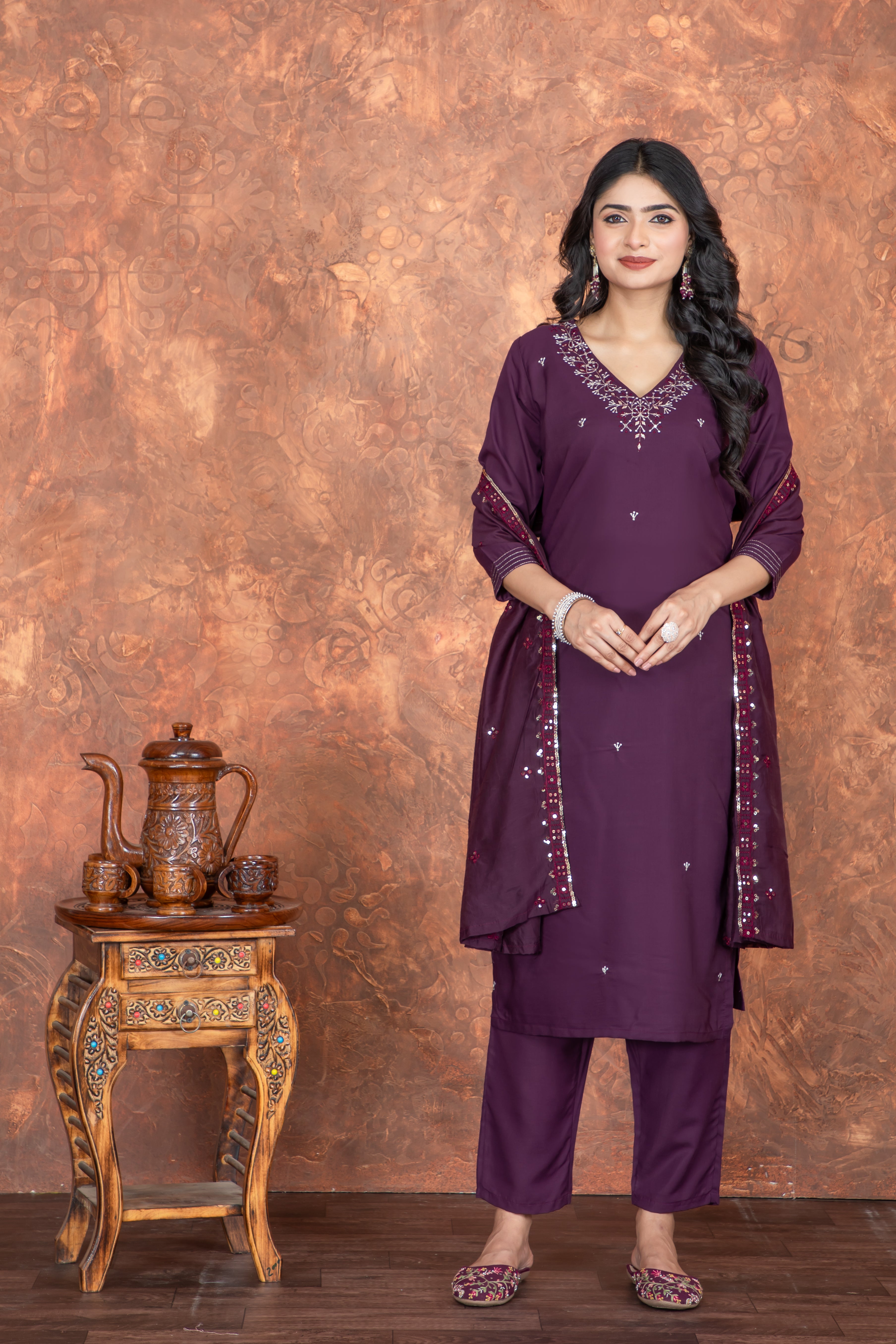 Fumka Roman Silk Kurti Set with Embroidery Work and matching bottom for a perfect blend of comfort and grace!