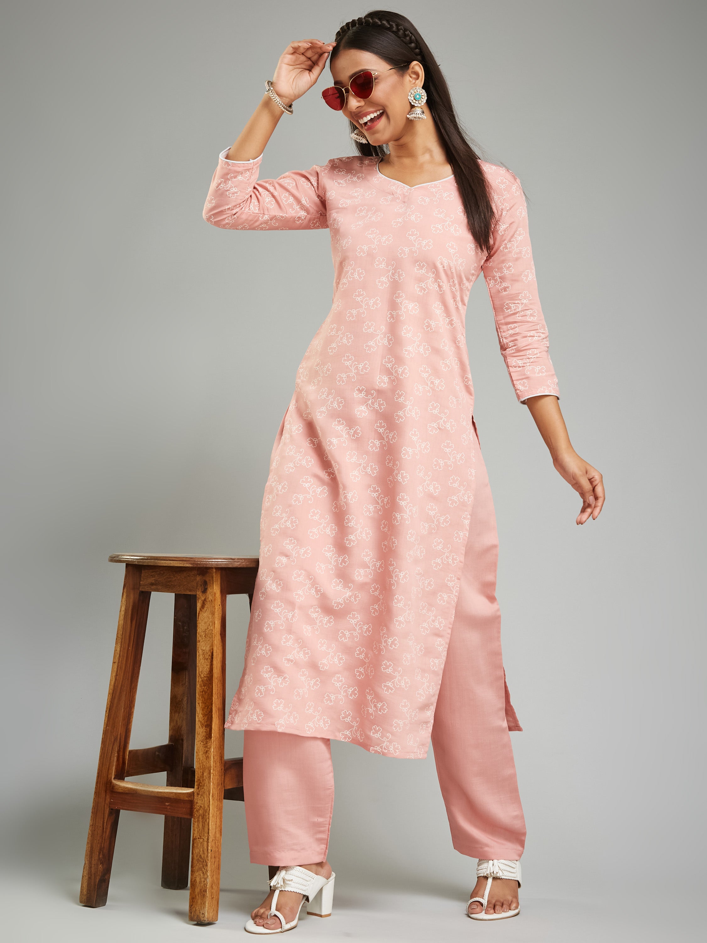 Fumka Women's Viscose Chanderi Kurta Pant Set with Luxe Prints and Contemporary Embellishments