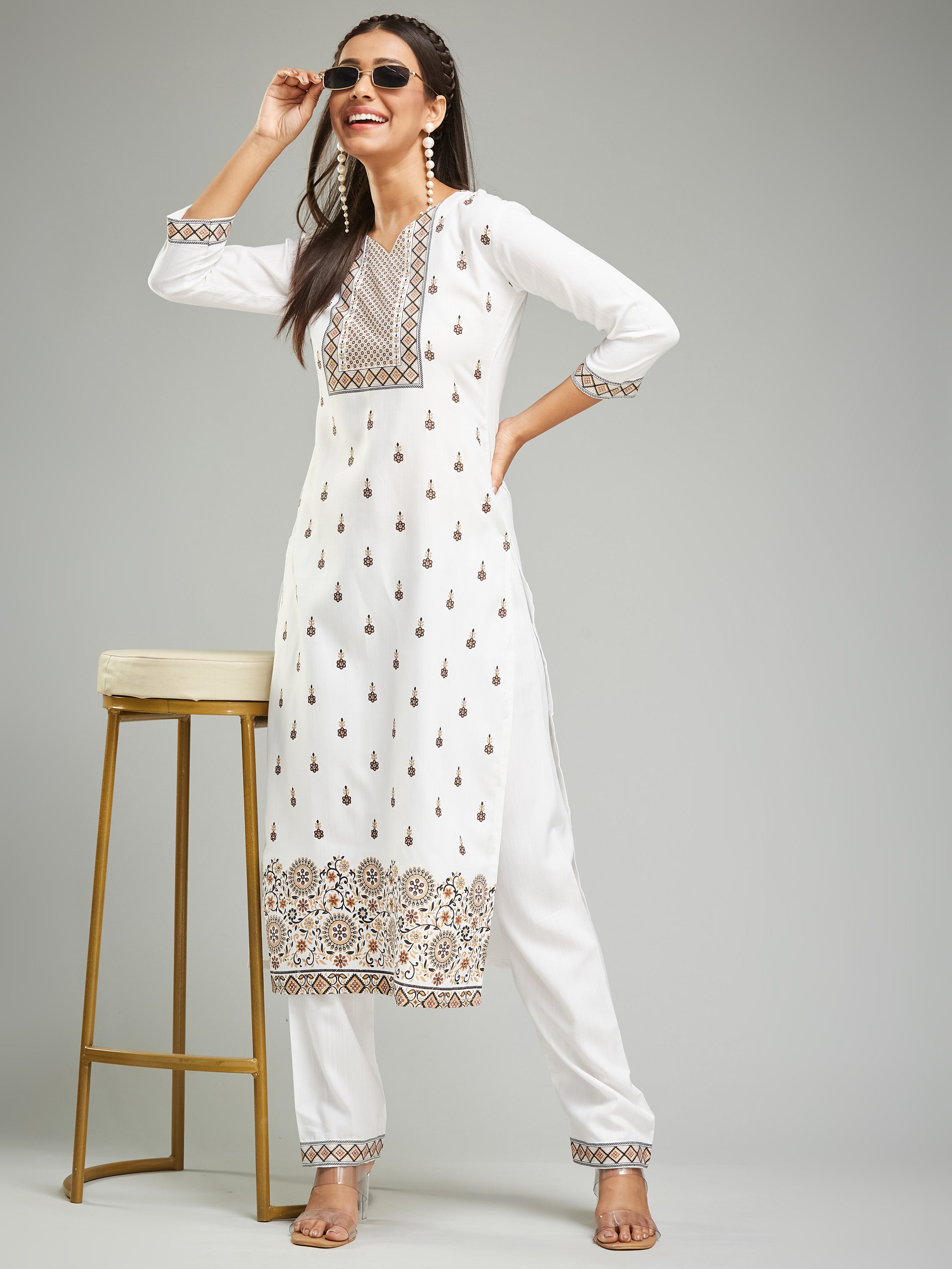Fumka Women's Viscose Chanderi Kurta Pant Set with Luxe Prints and Contemporary Embellishments