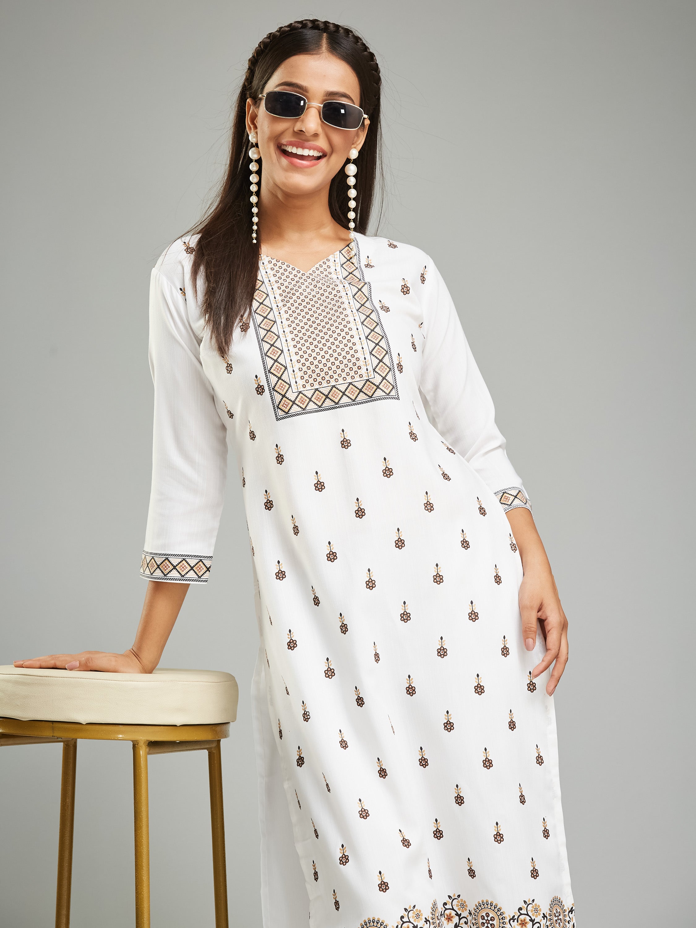 Fumka Women's Viscose Chanderi Kurta Pant Set with Luxe Prints and Contemporary Embellishments