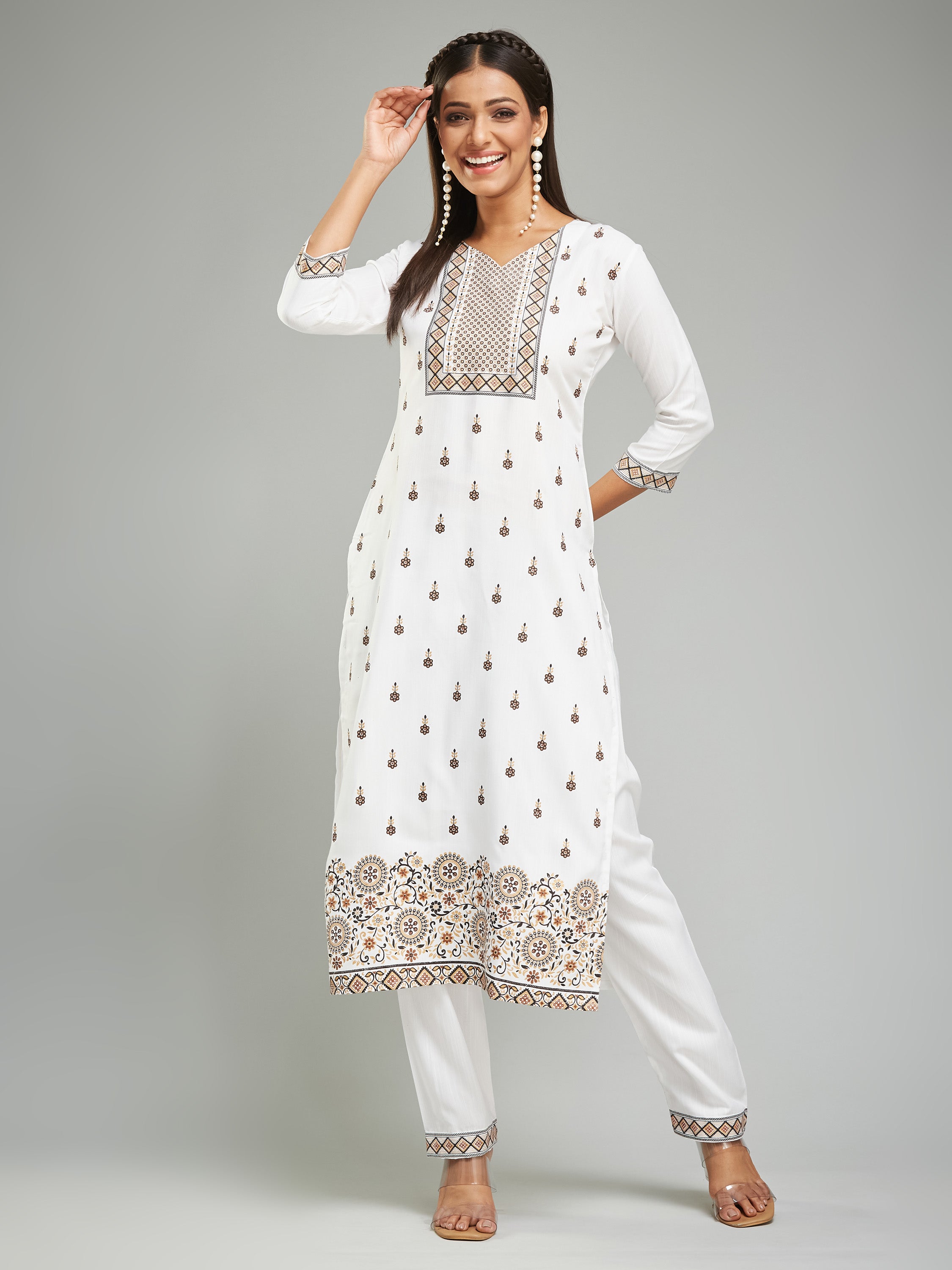 Fumka Women's Viscose Chanderi Kurta Pant Set with Luxe Prints and Contemporary Embellishments