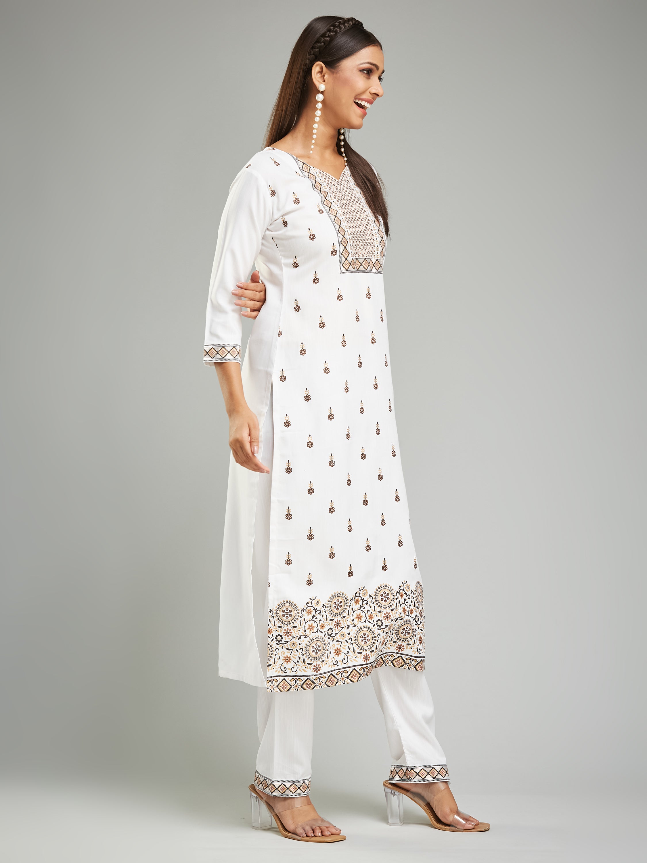 Fumka Women's Viscose Chanderi Kurta Pant Set with Luxe Prints and Contemporary Embellishments