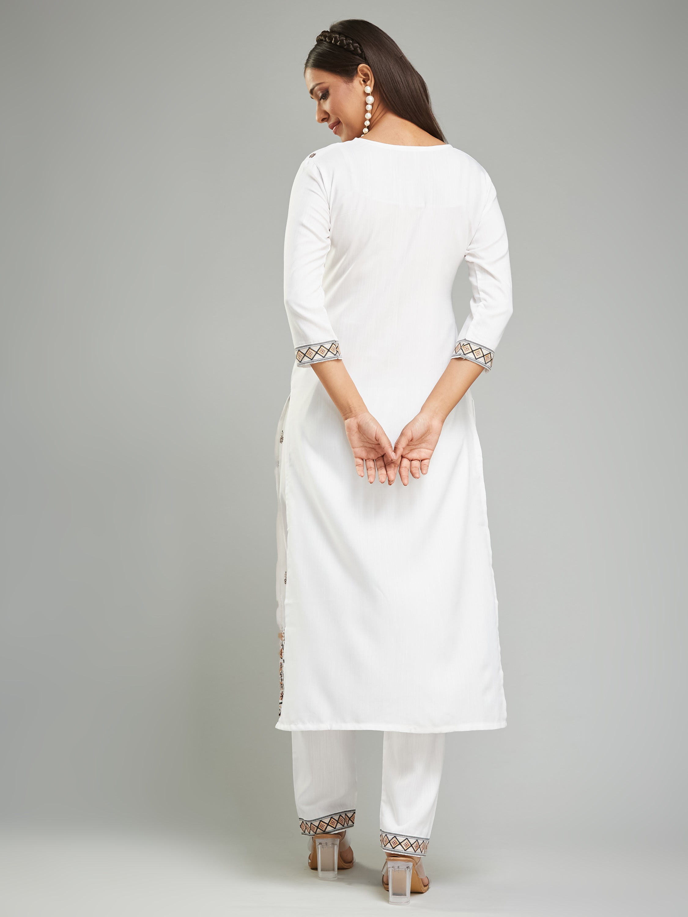 Fumka Women's Viscose Chanderi Kurta Pant Set with Luxe Prints and Contemporary Embellishments