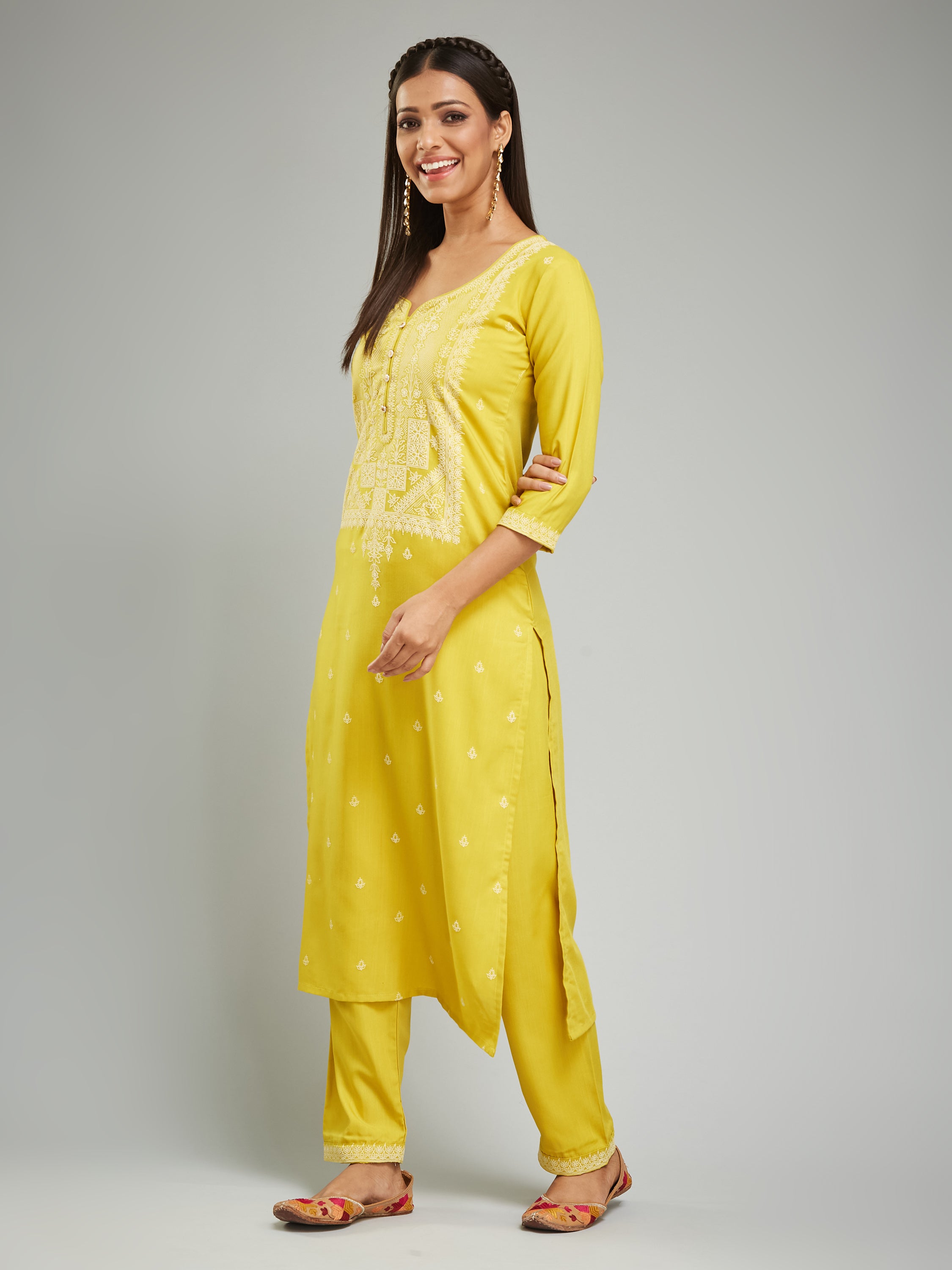 Fumka Women's Viscose Chanderi Kurta Pant Set with Luxe Prints and Contemporary Embellishments
