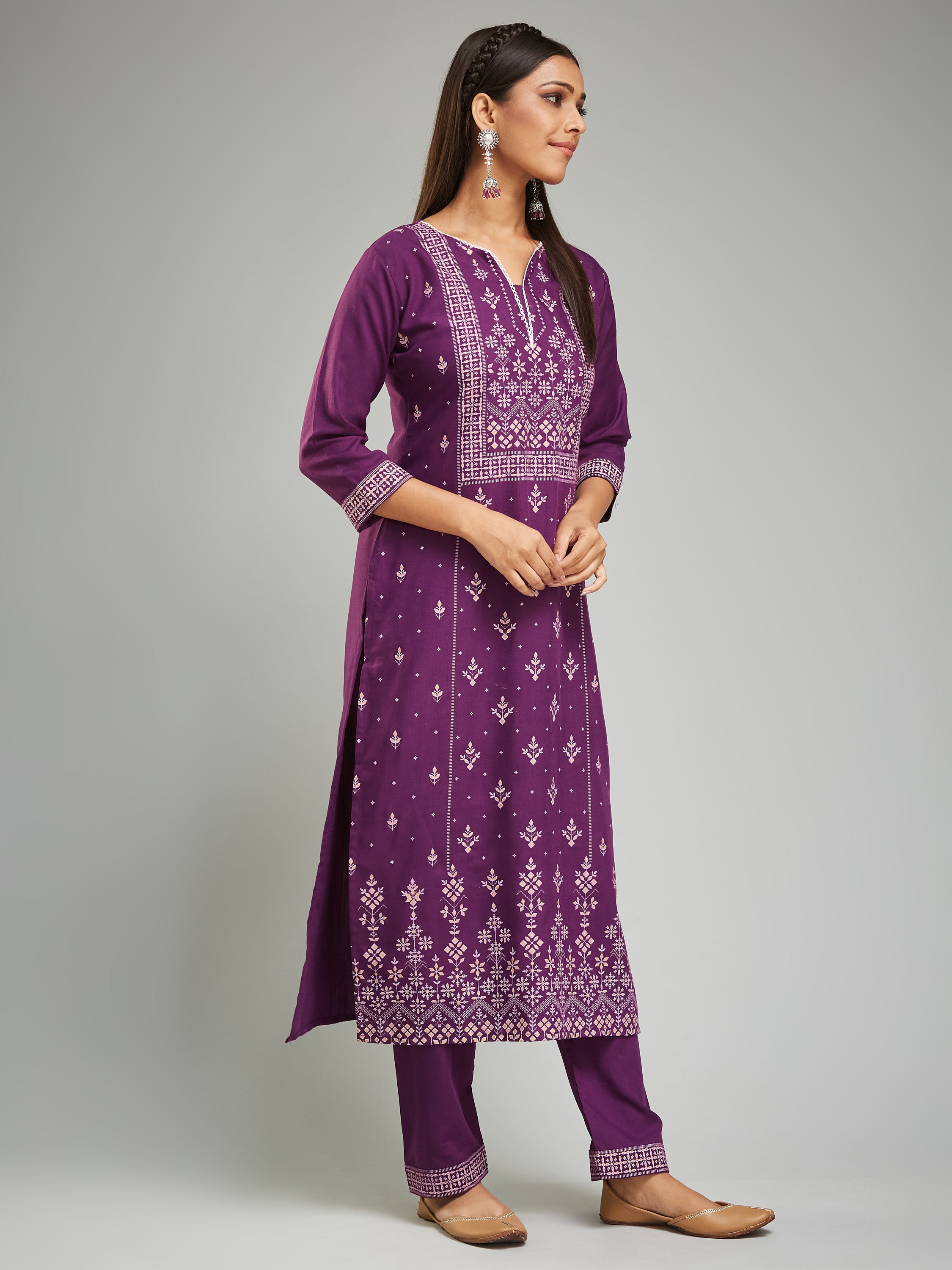 Fumka Women's Viscose Chanderi Kurta Pant Set with Luxe Prints and Contemporary Embellishments