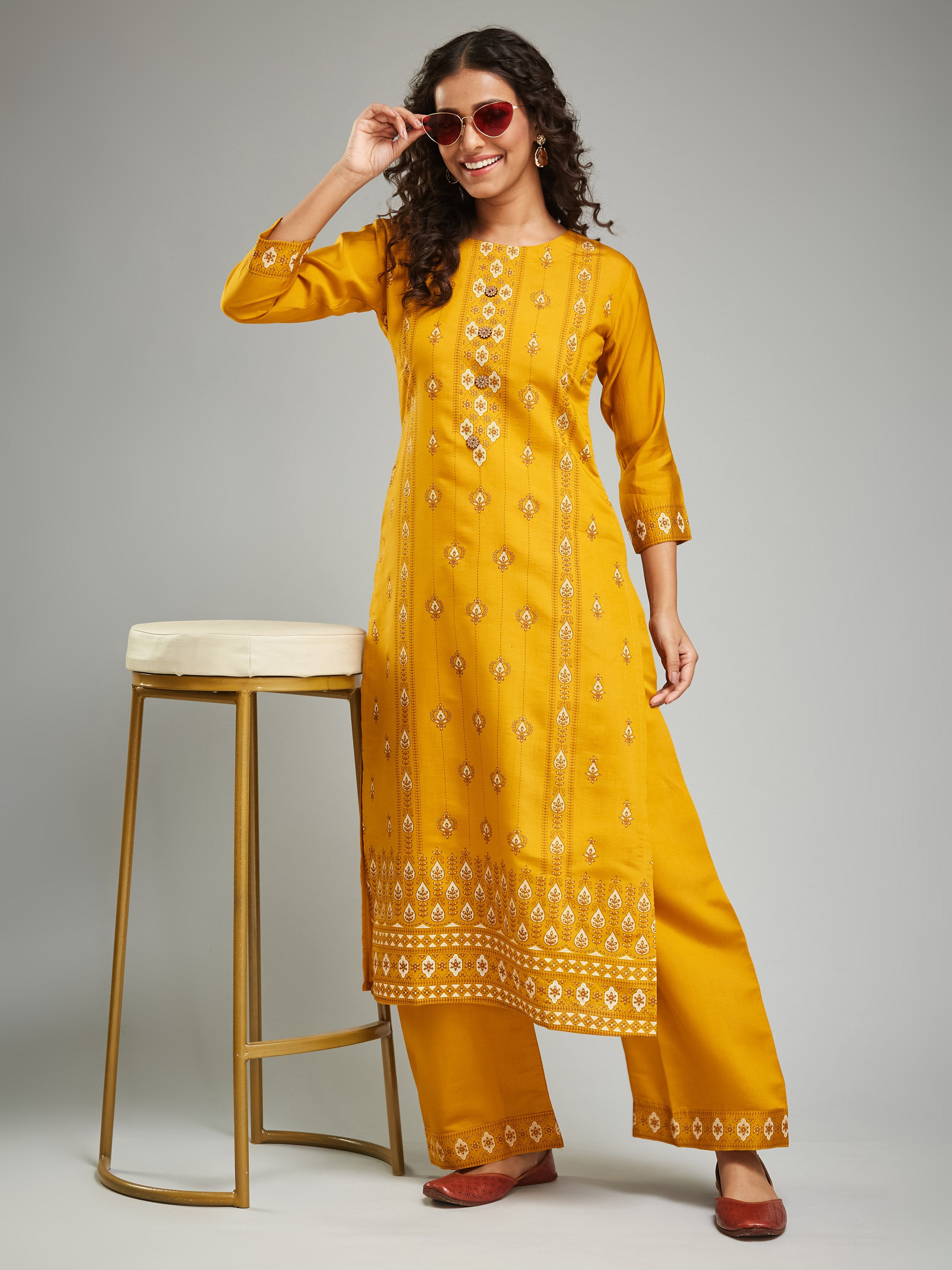 Fumka Women's Viscose Chanderi Kurta Pant Set with Luxe Prints and Contemporary Embellishments