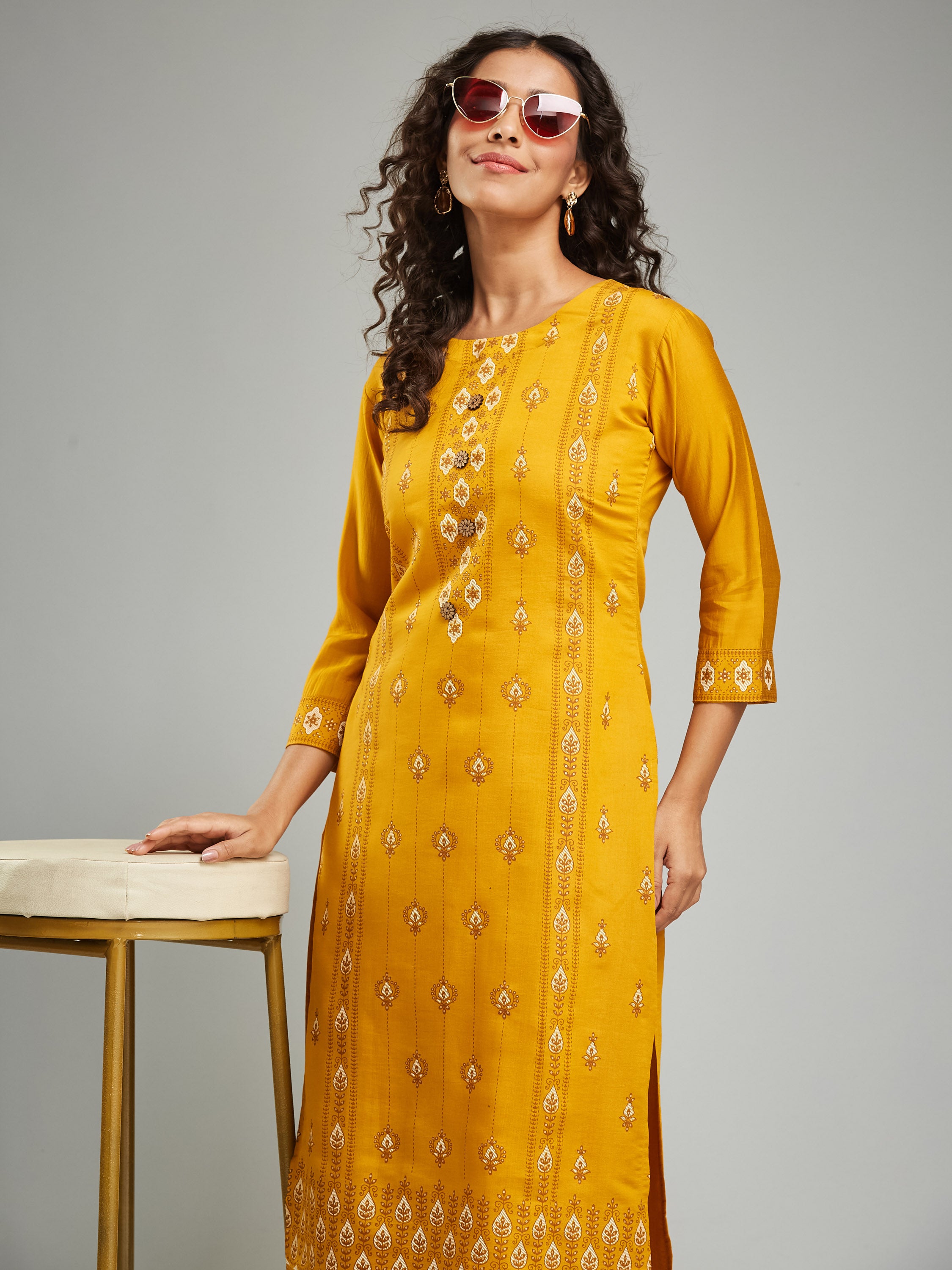 Fumka Women's Viscose Chanderi Kurta Pant Set with Luxe Prints and Contemporary Embellishments