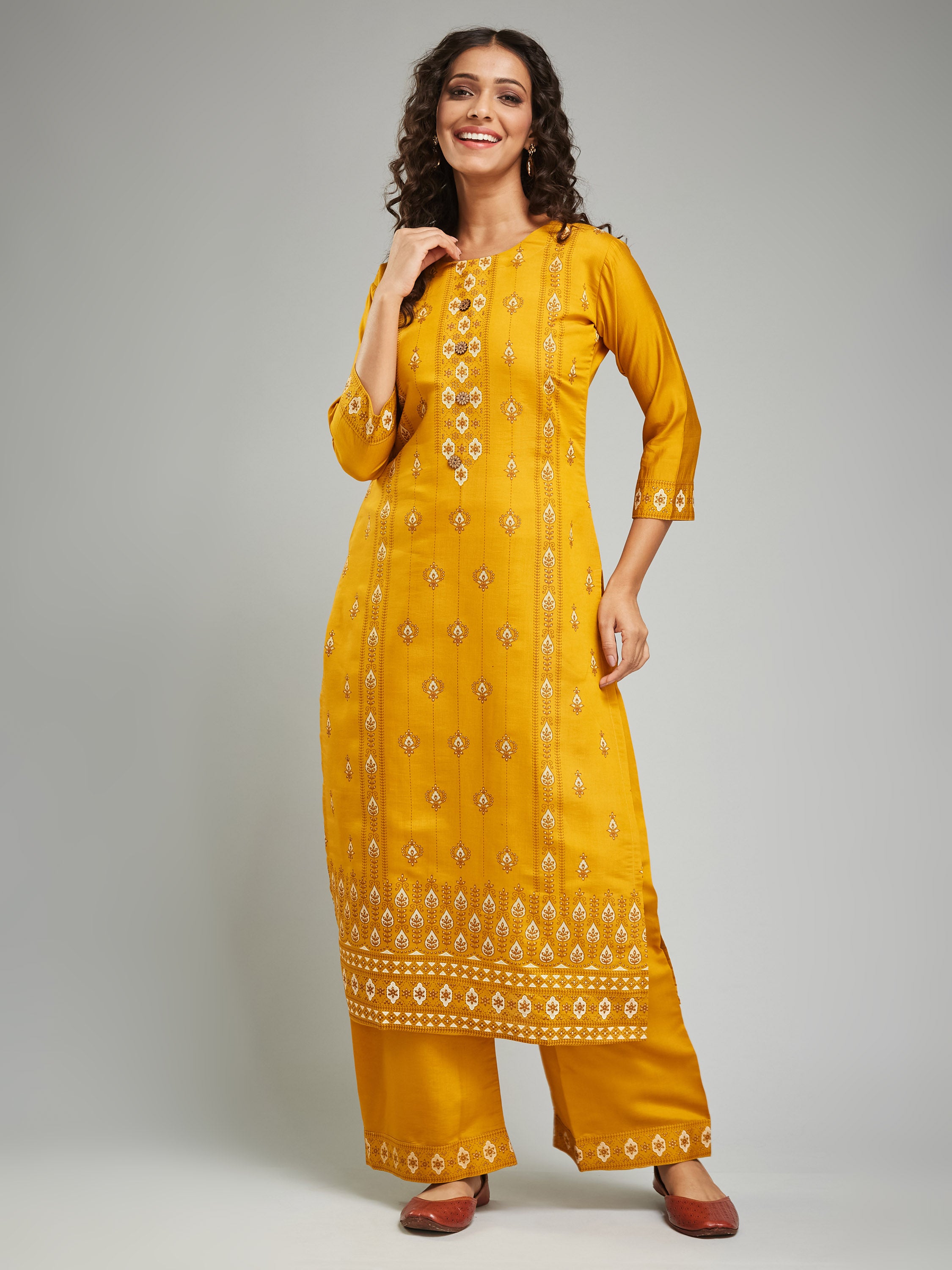 Fumka Women's Viscose Chanderi Kurta Pant Set with Luxe Prints and Contemporary Embellishments