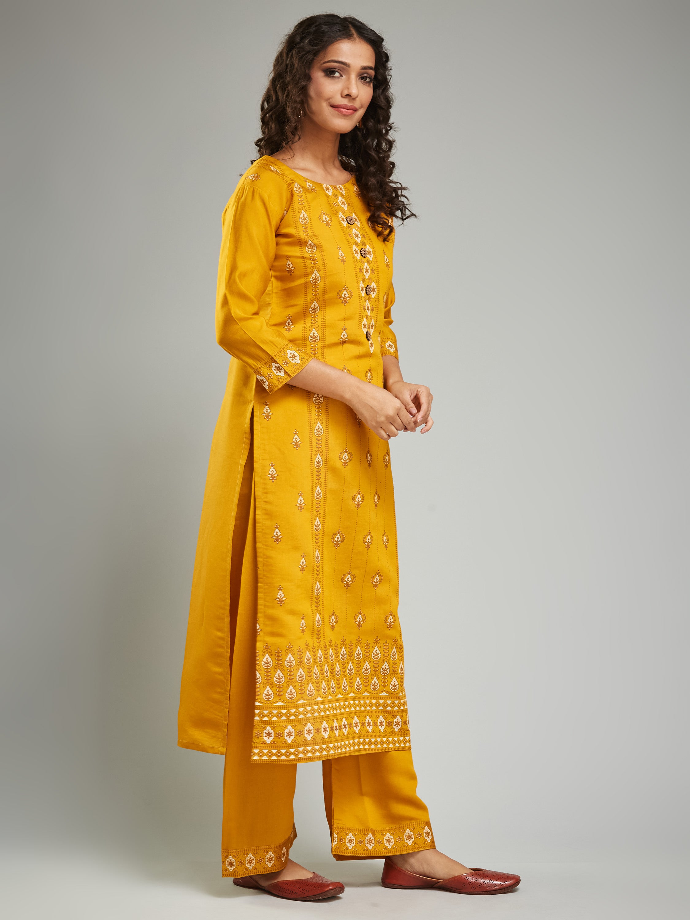 Fumka Women's Viscose Chanderi Kurta Pant Set with Luxe Prints and Contemporary Embellishments