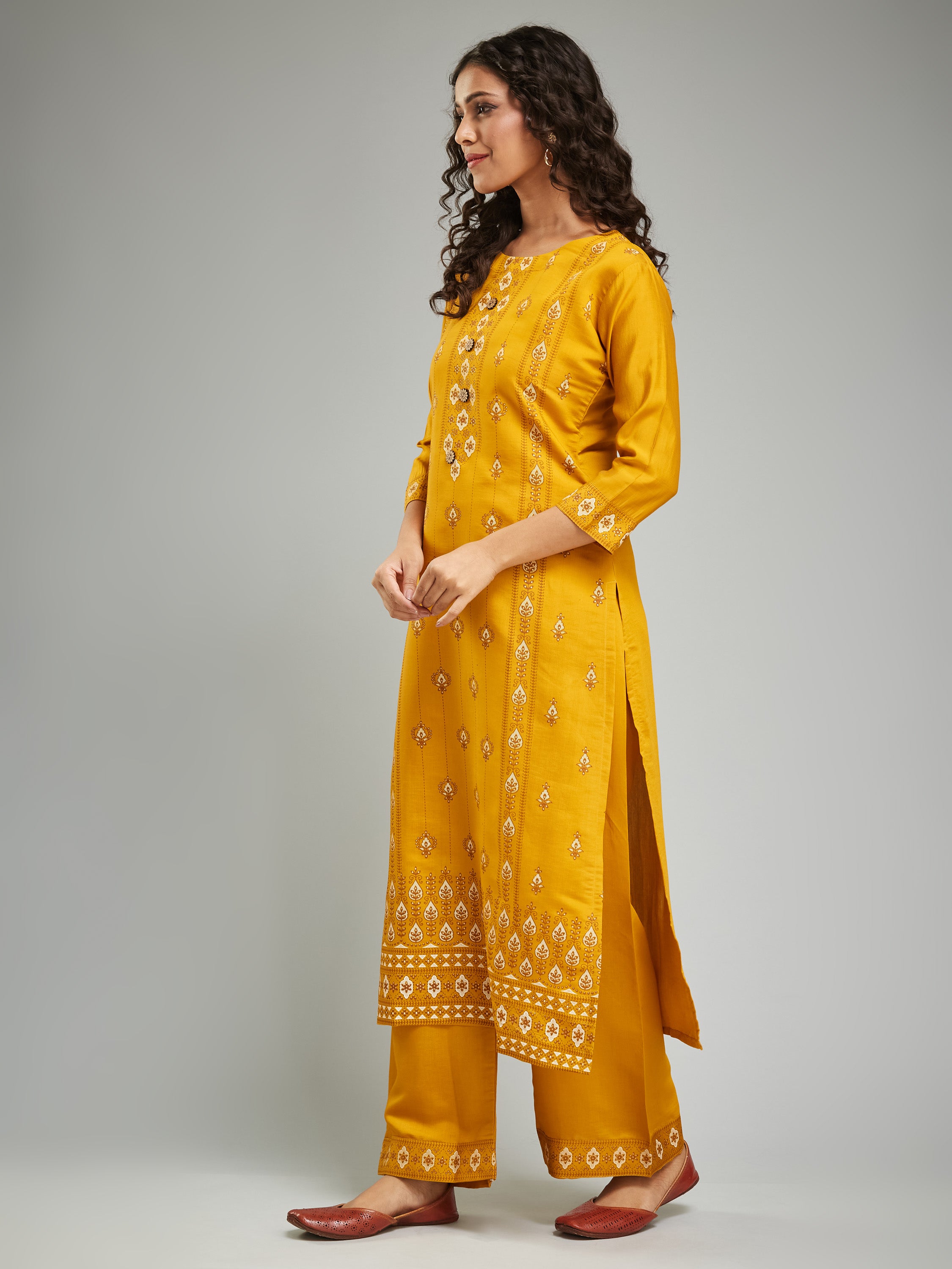 Fumka Women's Viscose Chanderi Kurta Pant Set with Luxe Prints and Contemporary Embellishments