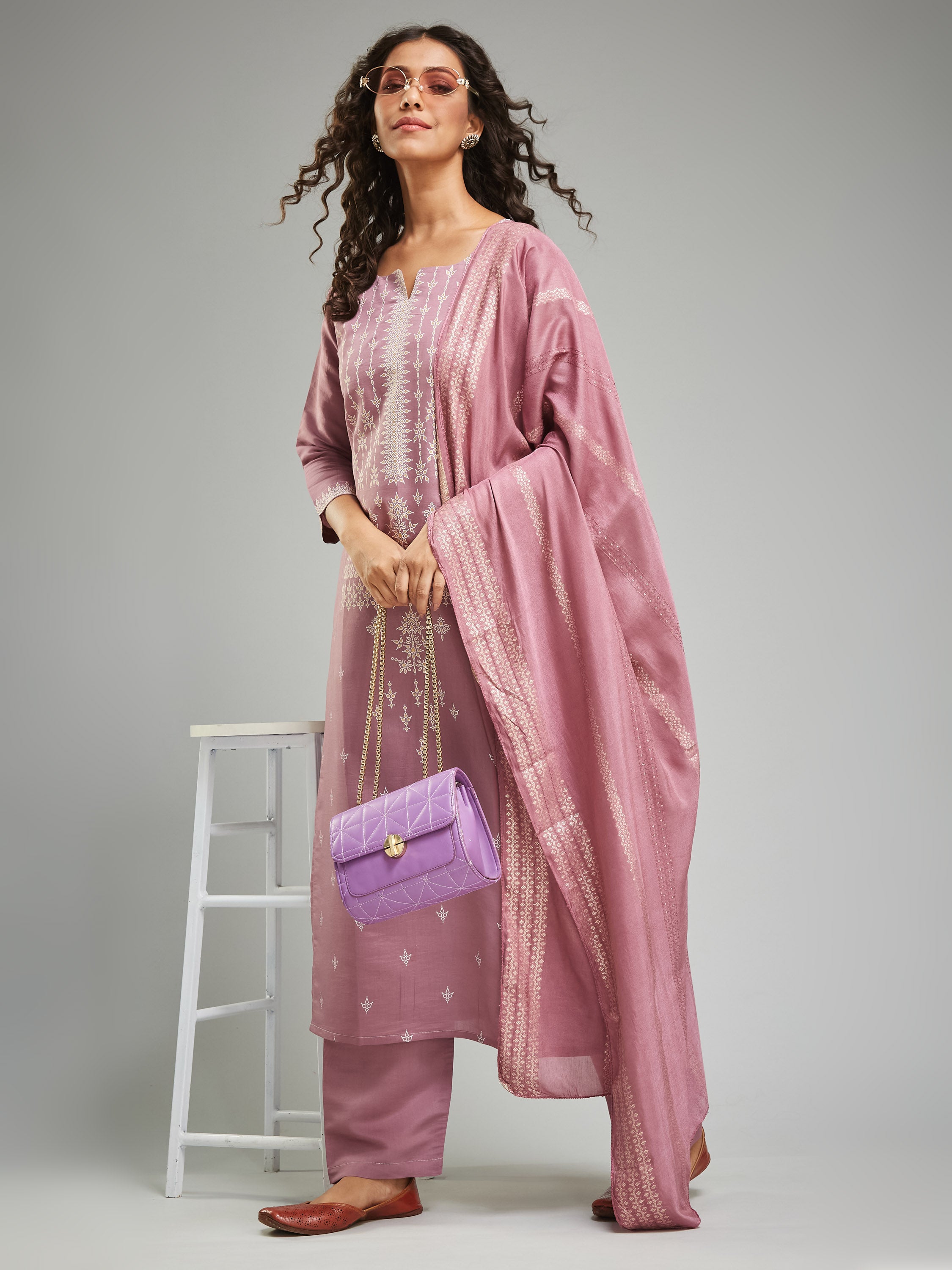 Fumka Women's Viscose Chanderi Kurta Pant and Dupatta Set with Luxe Prints and Contemporary Embellishment