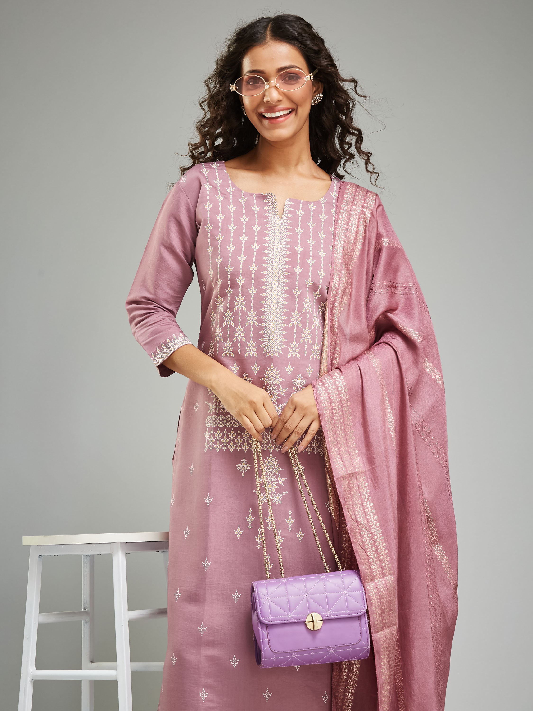Fumka Women's Viscose Chanderi Kurta Pant and Dupatta Set with Luxe Prints and Contemporary Embellishment