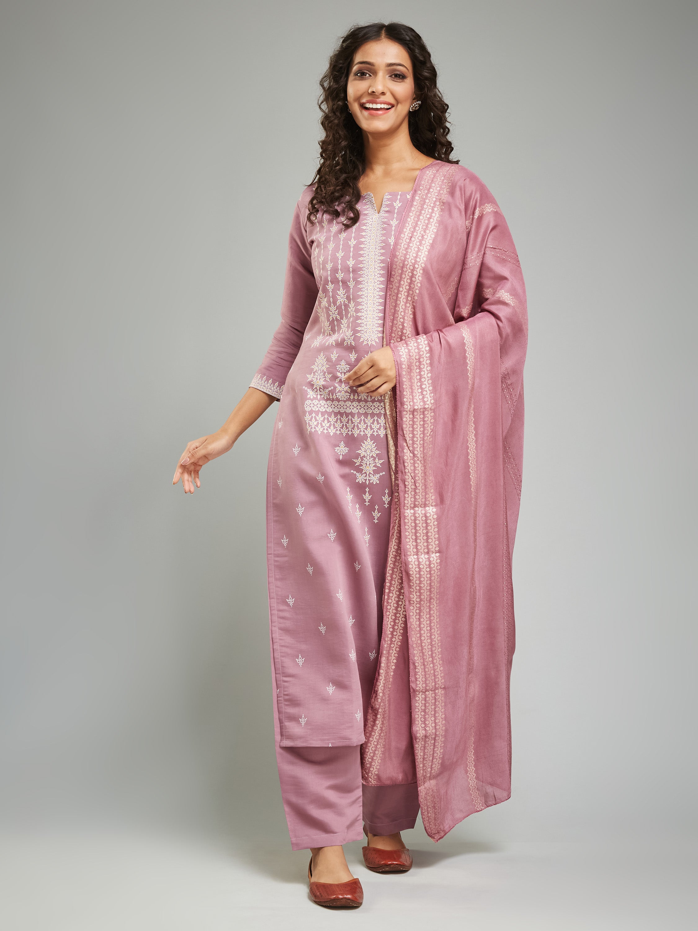 Fumka Women's Viscose Chanderi Kurta Pant and Dupatta Set with Luxe Prints and Contemporary Embellishment