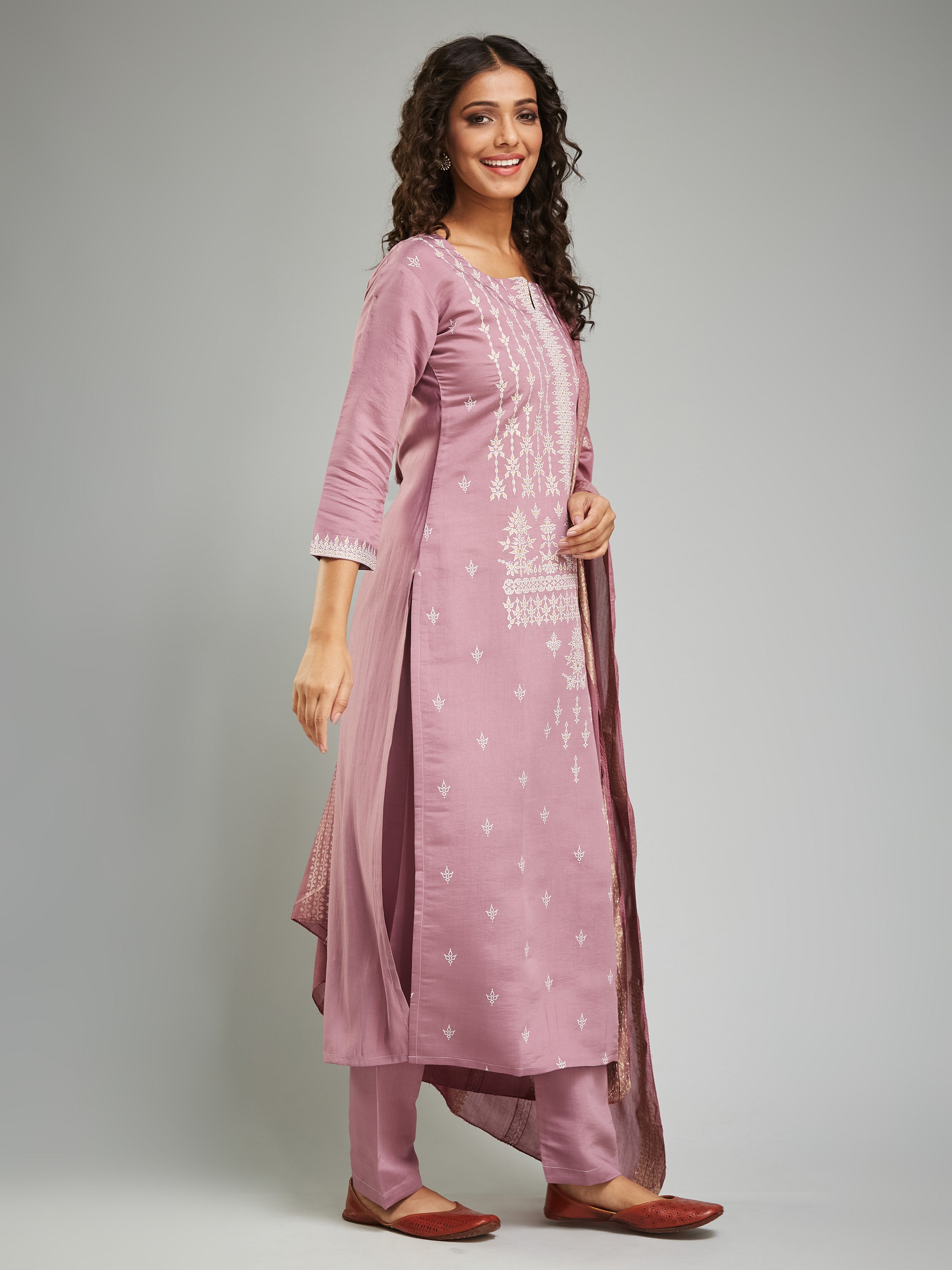 Fumka Women's Viscose Chanderi Kurta Pant and Dupatta Set with Luxe Prints and Contemporary Embellishment