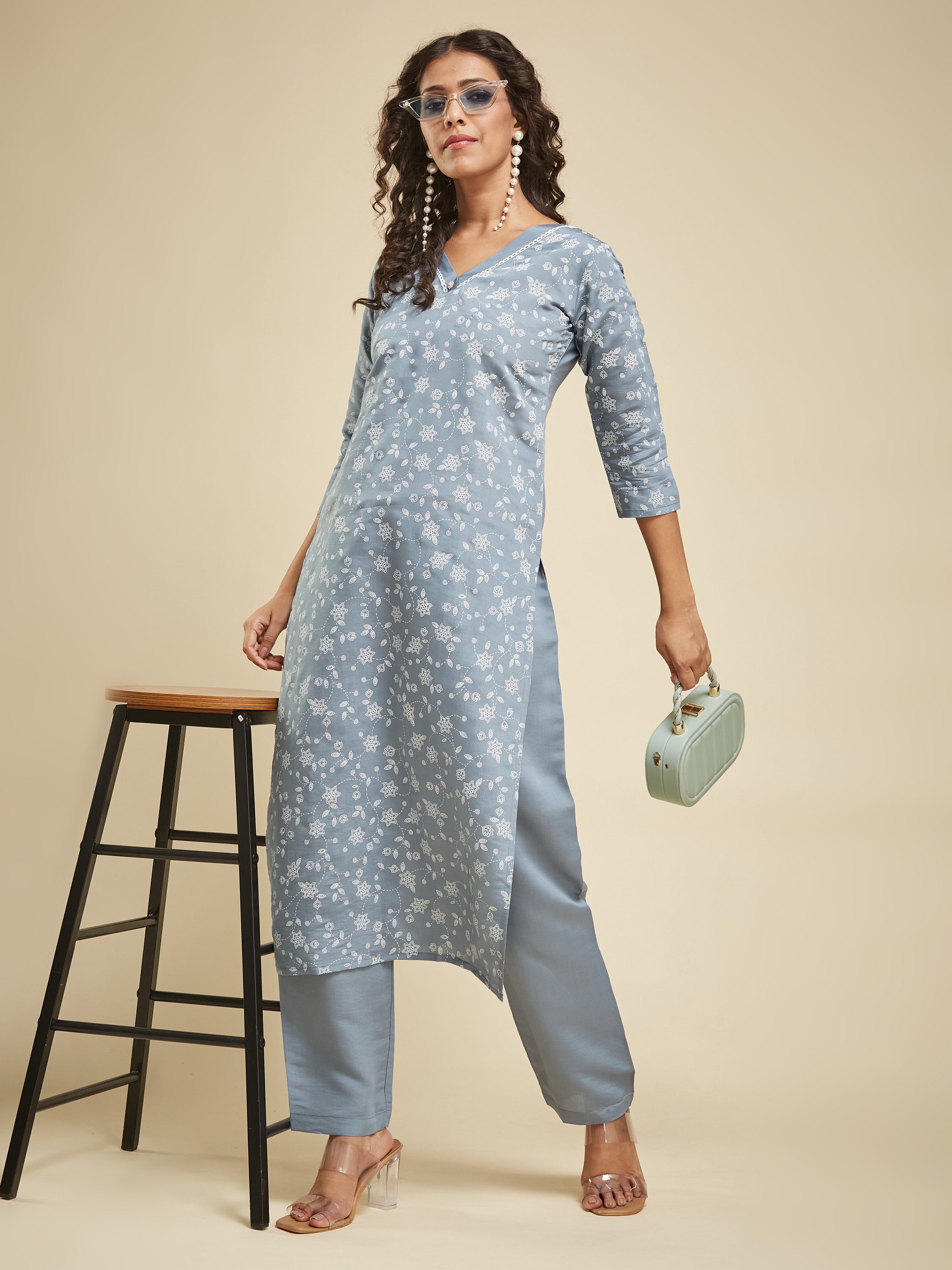 Fumka Women's Viscose Chanderi Kurta Pant Set with Luxe Prints and Contemporary Embellishments