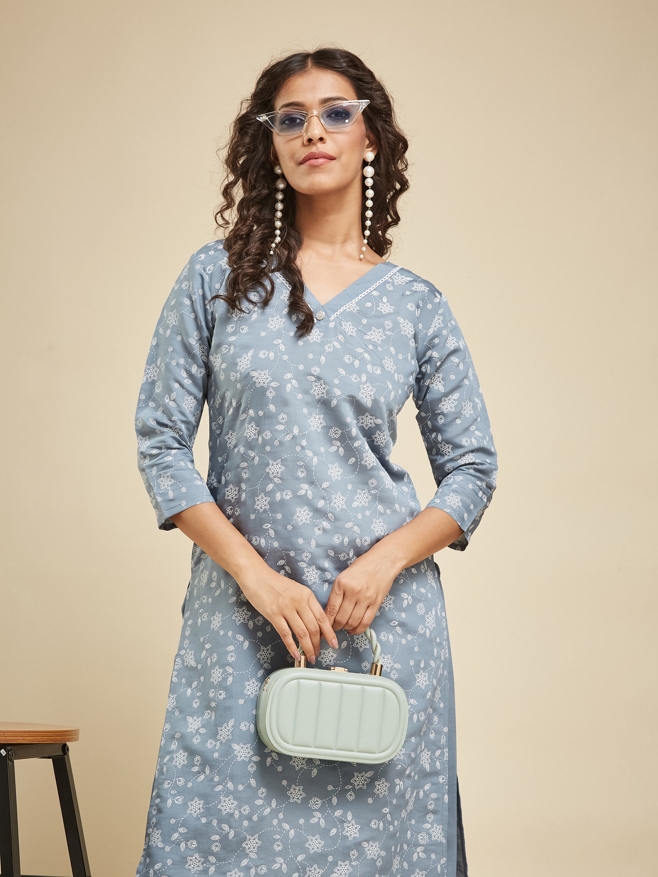 Fumka Women's Viscose Chanderi Kurta Pant Set with Luxe Prints and Contemporary Embellishments