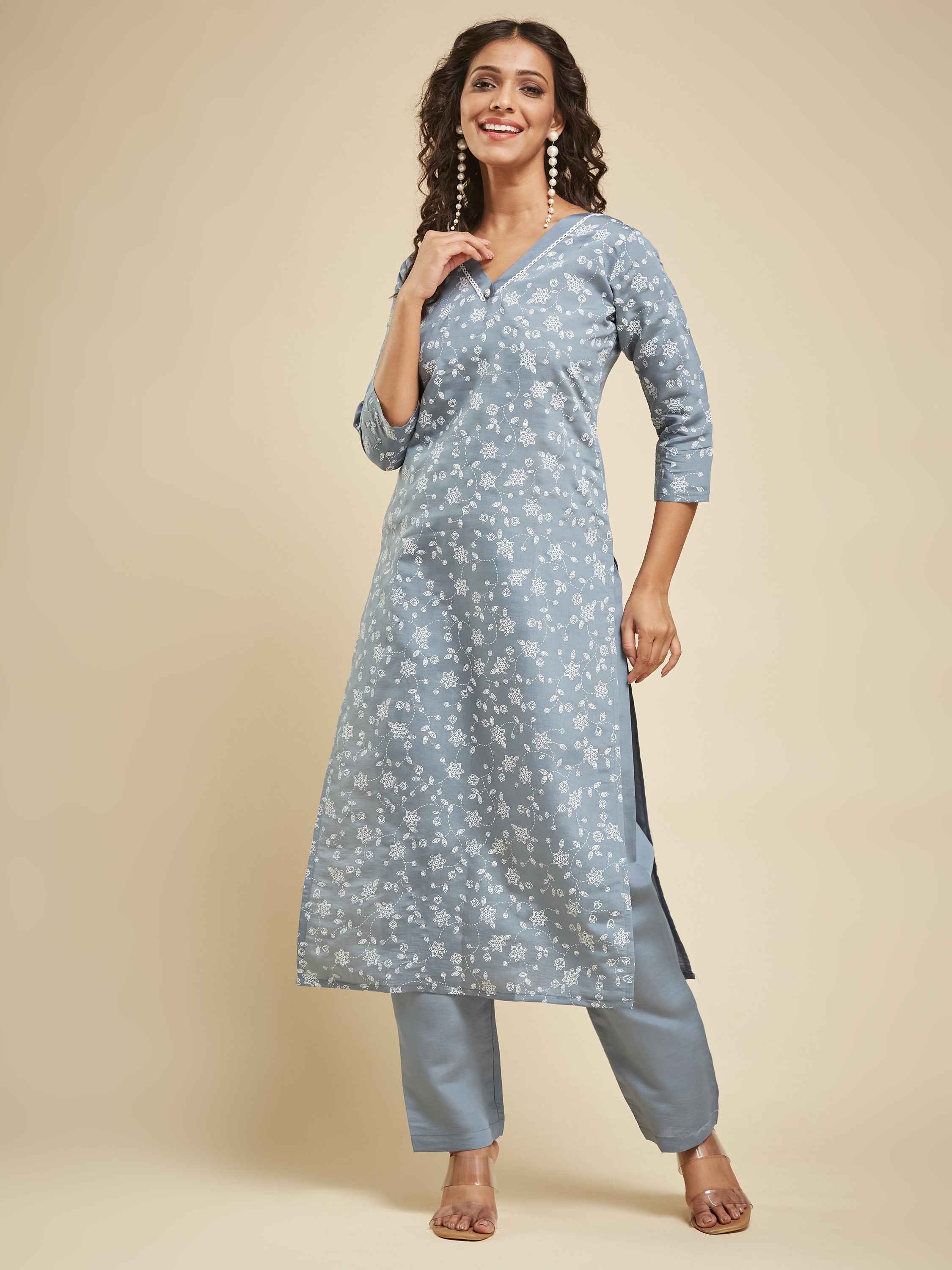 Fumka Women's Viscose Chanderi Kurta Pant Set with Luxe Prints and Contemporary Embellishments