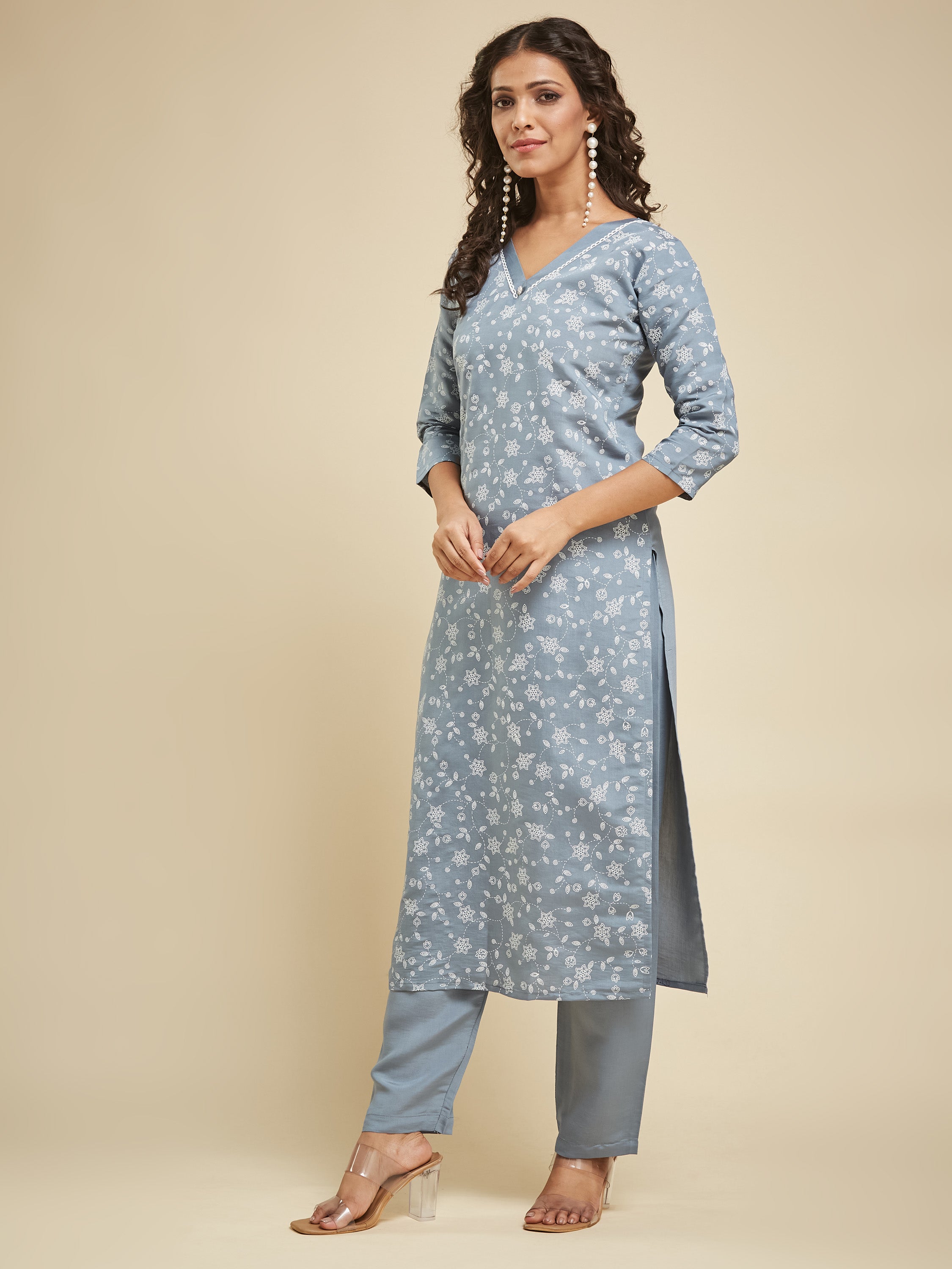 Fumka Women's Viscose Chanderi Kurta Pant Set with Luxe Prints and Contemporary Embellishments