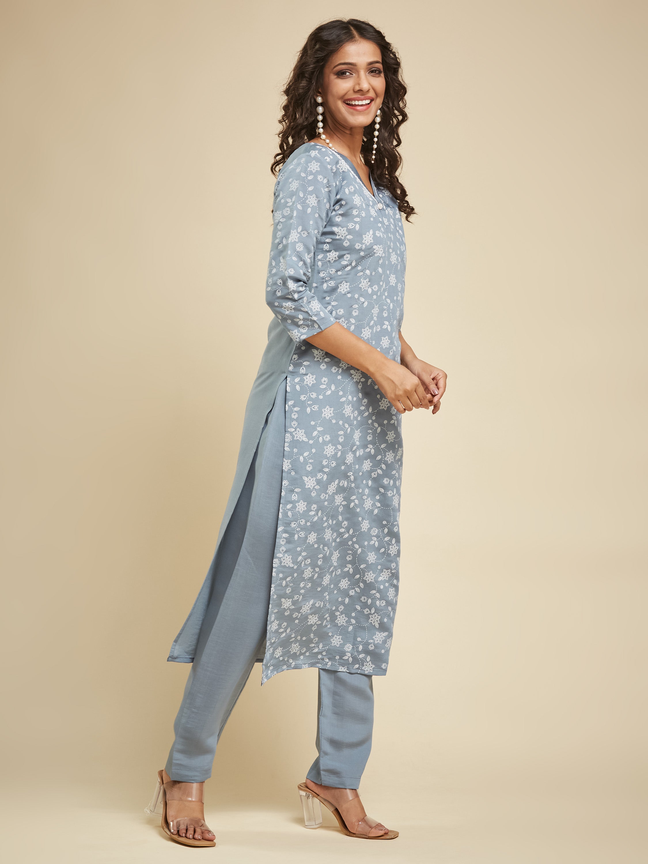Fumka Women's Viscose Chanderi Kurta Pant Set with Luxe Prints and Contemporary Embellishments