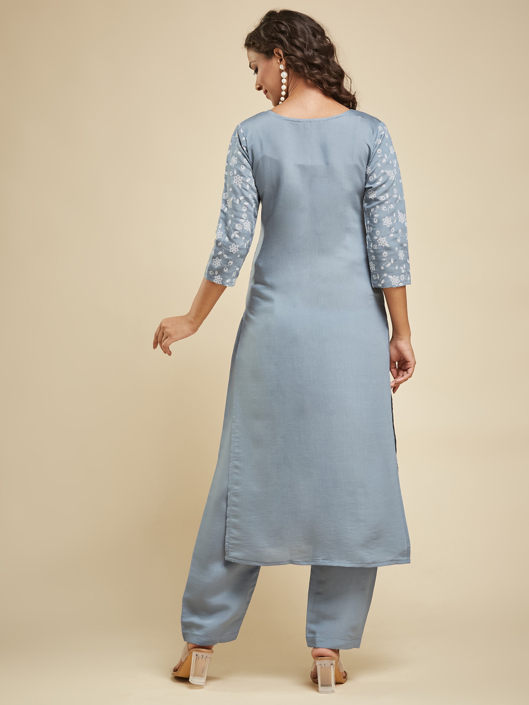 Fumka Women's Viscose Chanderi Kurta Pant Set with Luxe Prints and Contemporary Embellishments