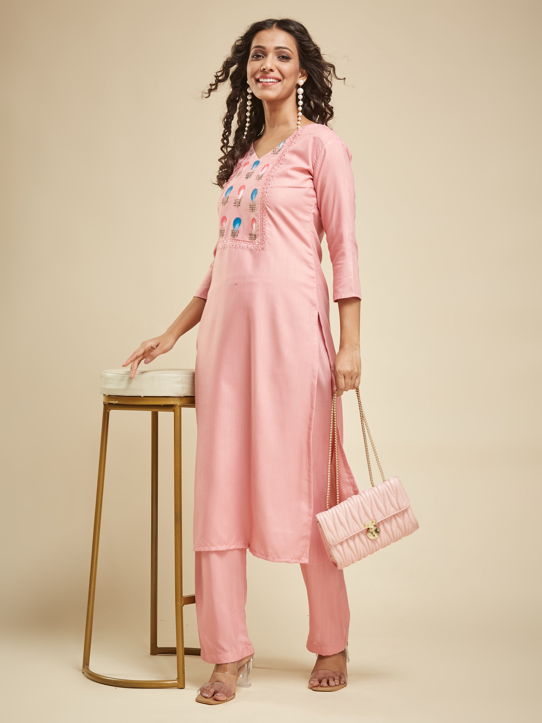 Fumka Women's Viscose Chanderi Kurta Pant Set with Luxe Prints and Contemporary Embellishments