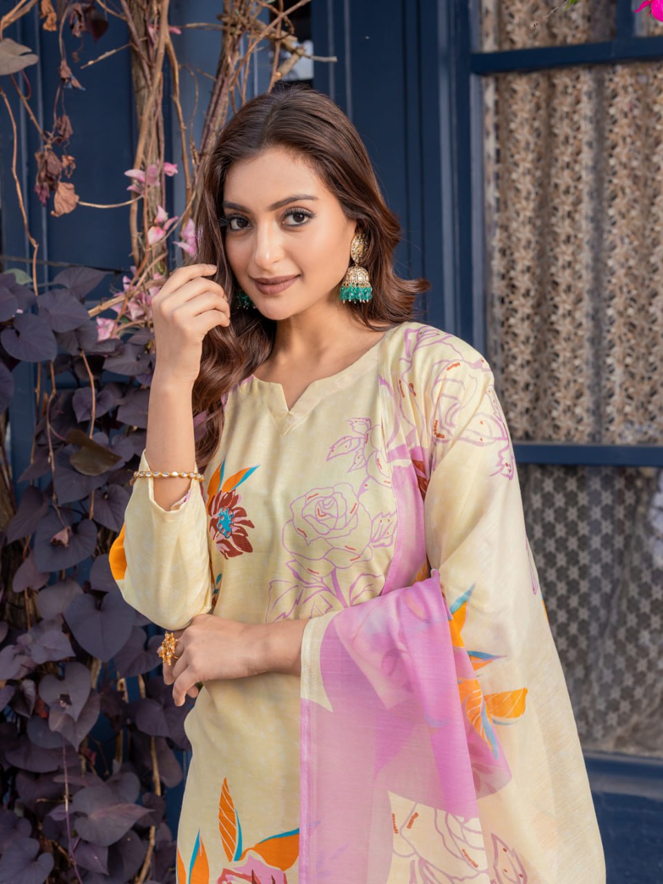 Printed Cotton Blend Kurti Pant Dupatta Set – Fully Stitched Elegance in Vibrant Colors