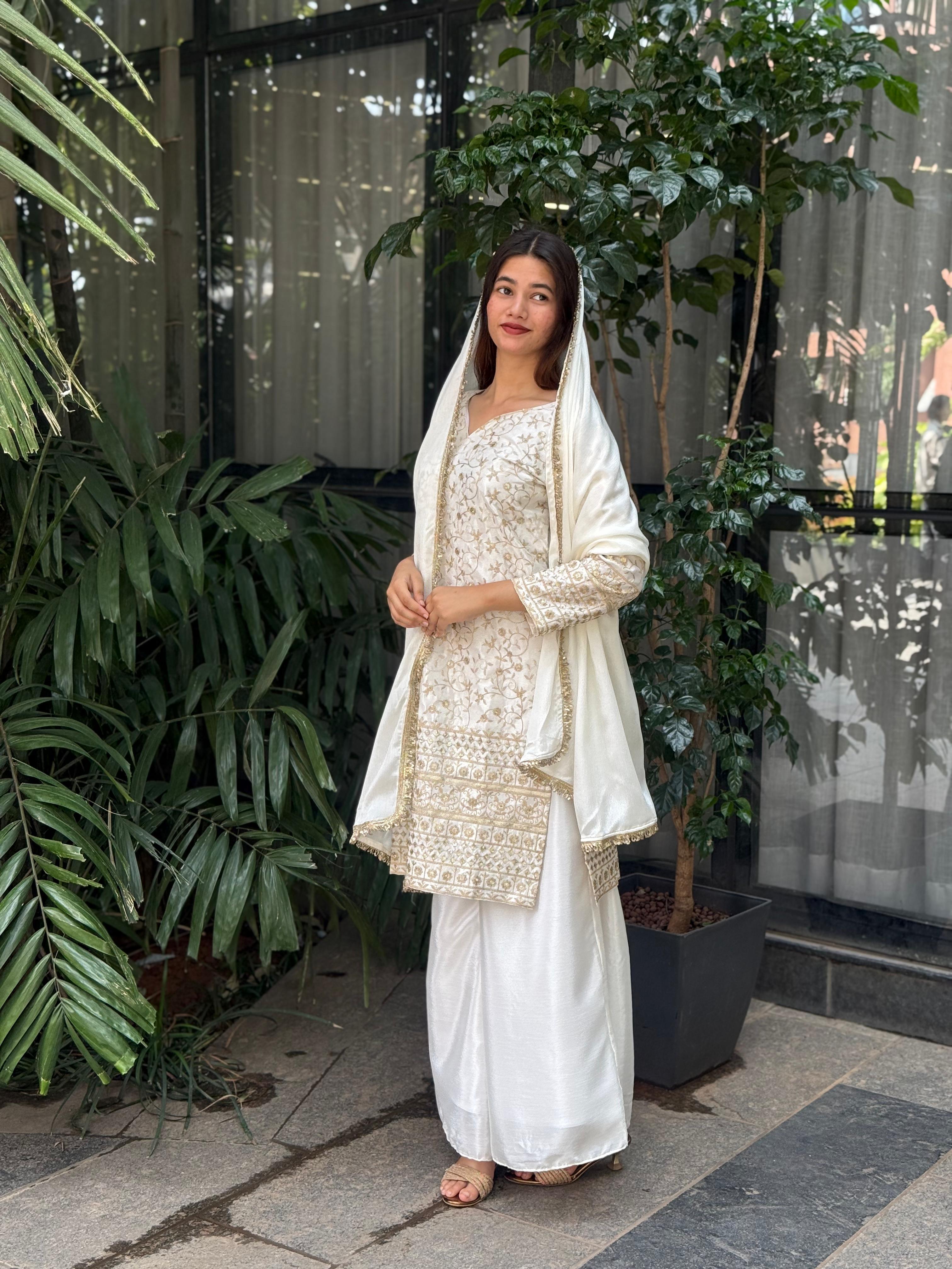 Sequence Embroidery on Pure Chinon Silk Top, Plazzo &amp; Dupatta Set