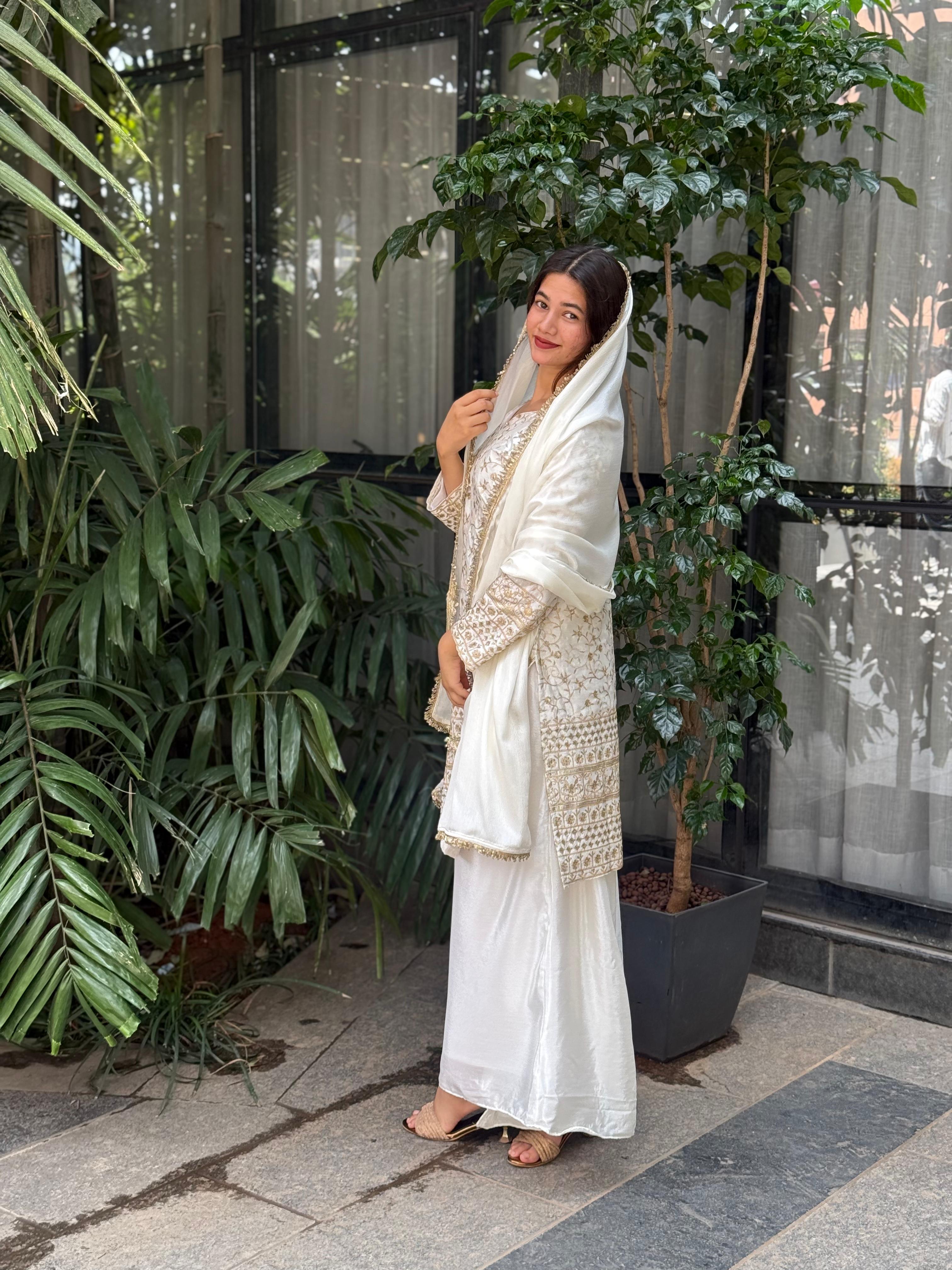Sequence Embroidery on Pure Chinon Silk Top, Plazzo &amp; Dupatta Set