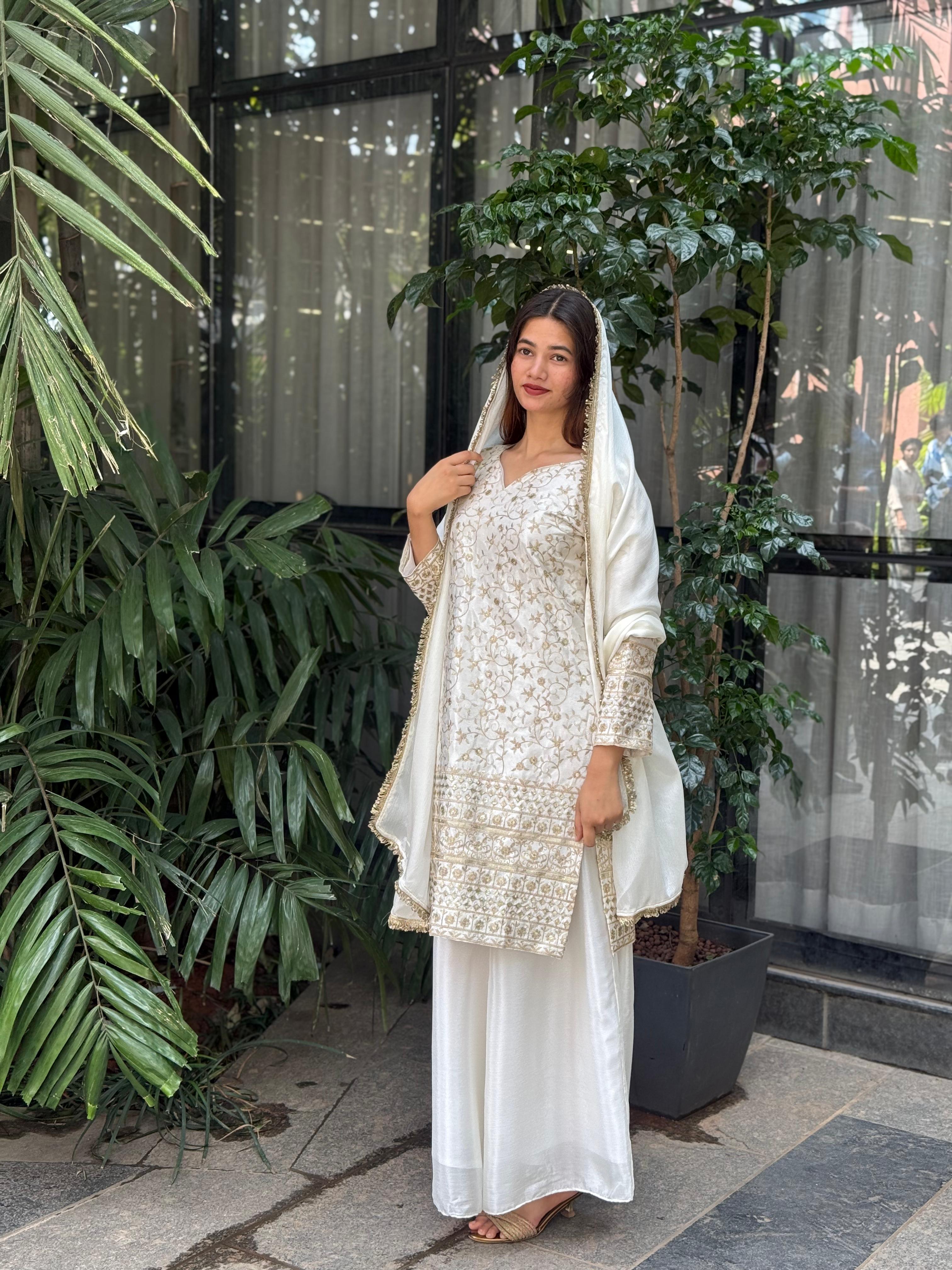 Sequence Embroidery on Pure Chinon Silk Top, Plazzo &amp; Dupatta Set