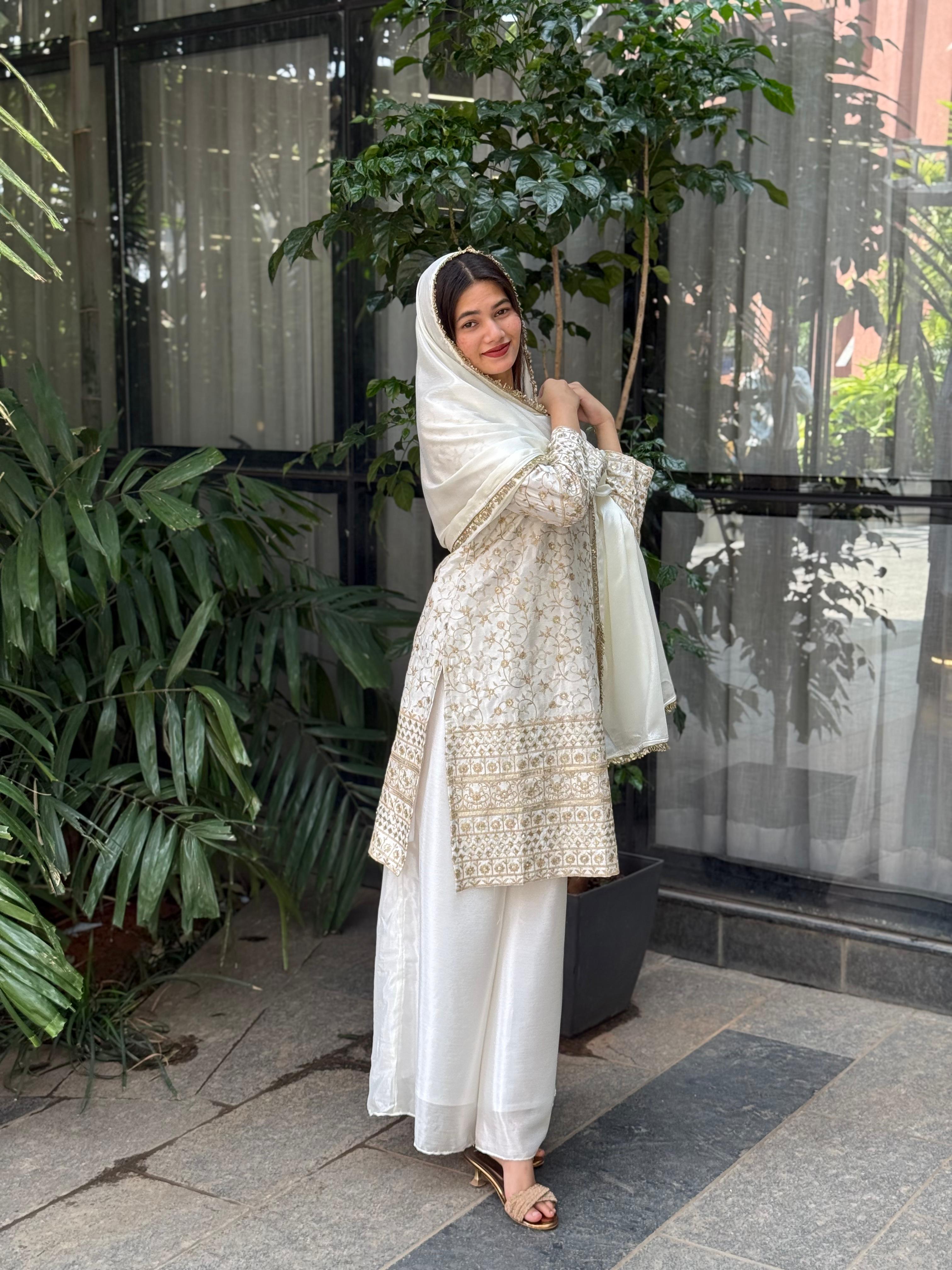 Sequence Embroidery on Pure Chinon Silk Top, Plazzo &amp; Dupatta Set
