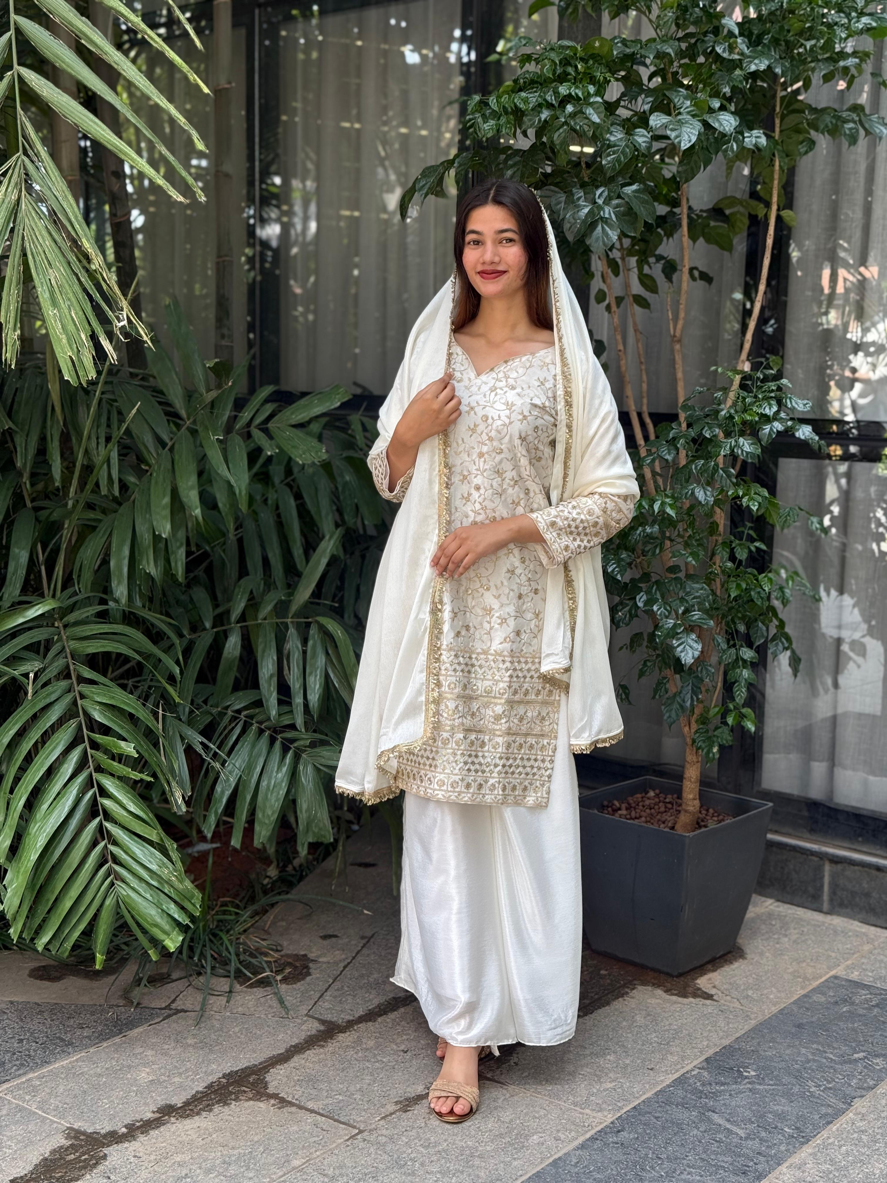 Sequence Embroidery on Pure Chinon Silk Top, Plazzo &amp; Dupatta Set