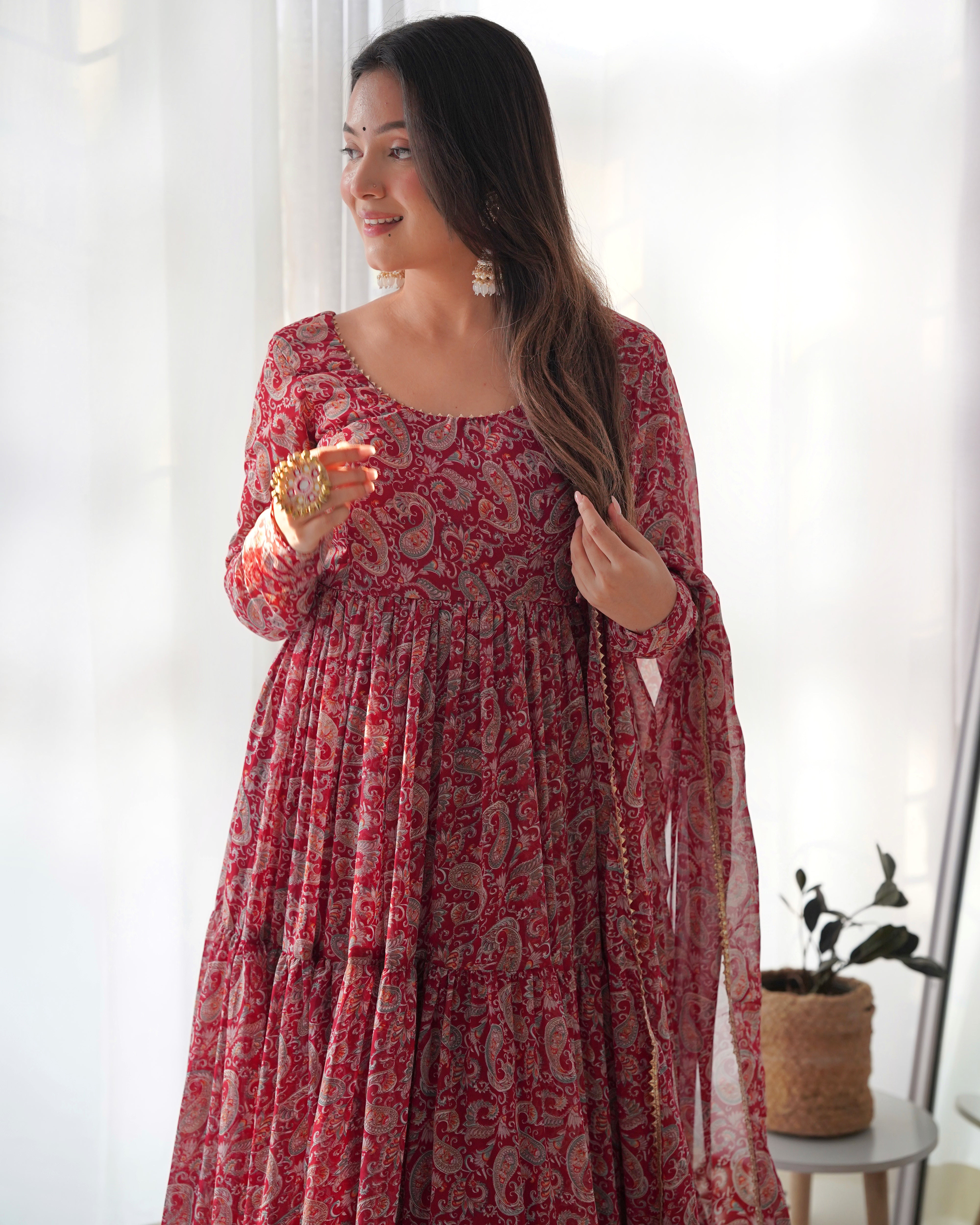 Elegant Fox Georgette Kalamkari Anarkali Set with Dupatta & Pant