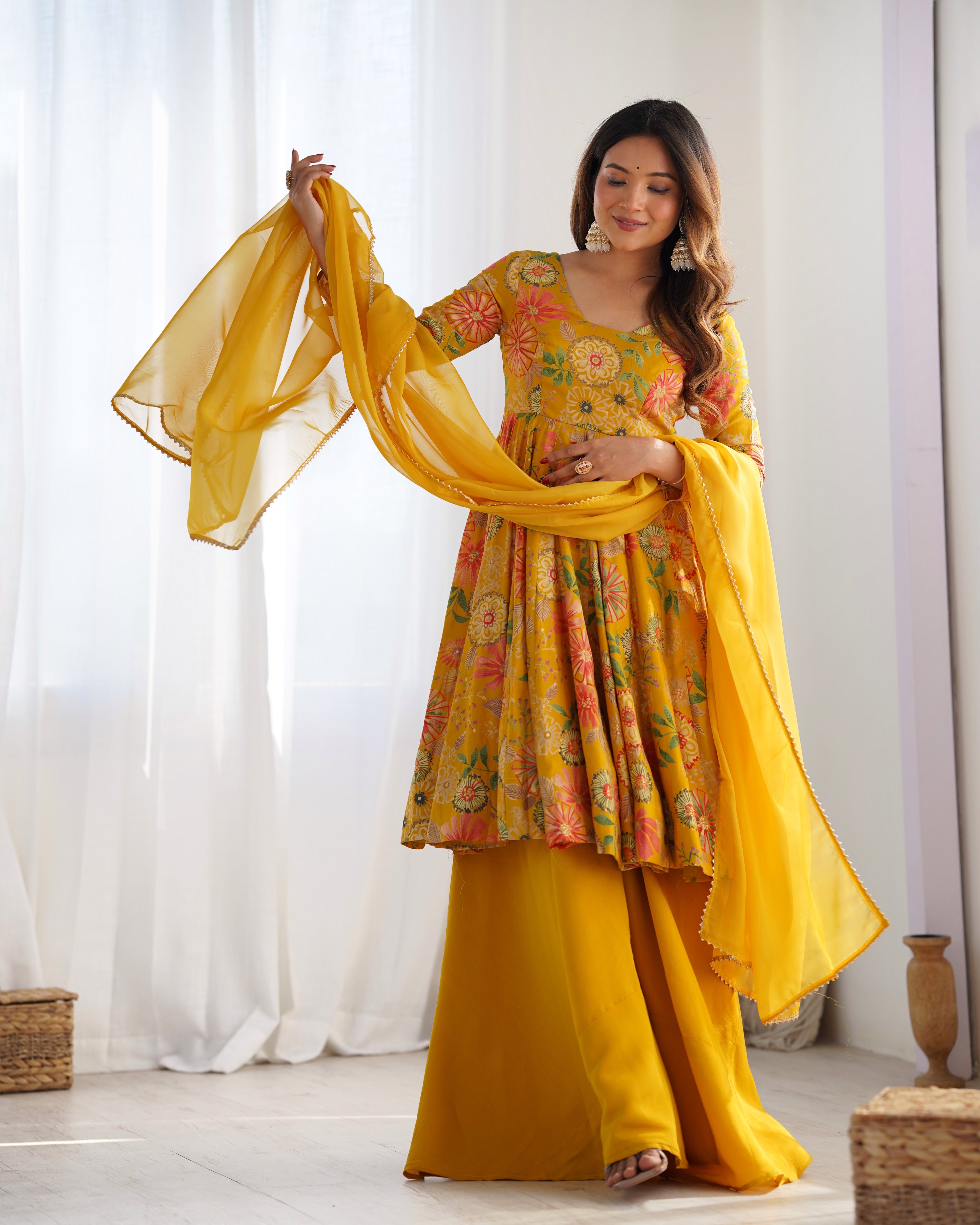 Elegant Pure Romansilk Chanderi Discharge Print Kediya Style Kurta Set with Palazzo &amp; Dupatta
