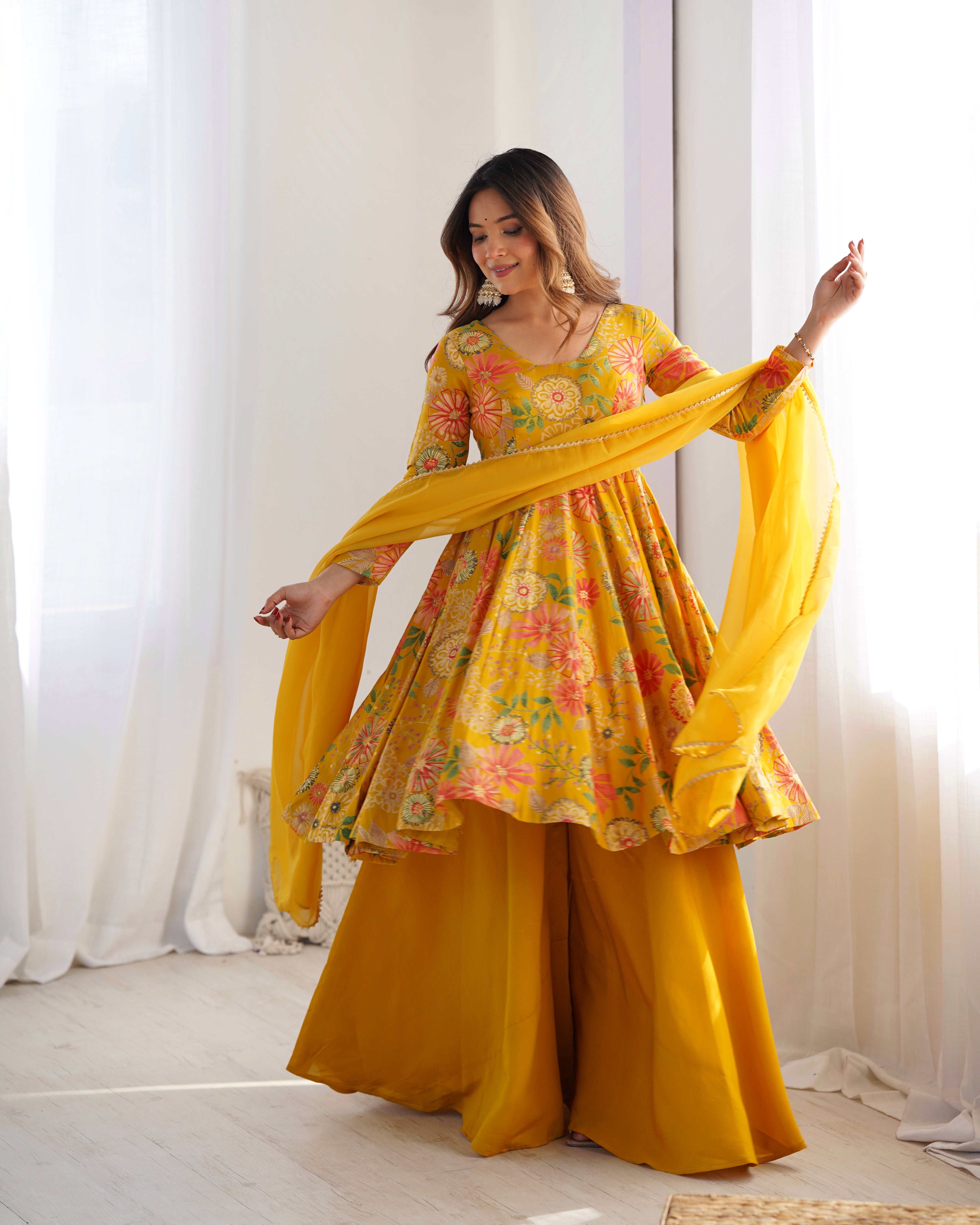 Elegant Pure Romansilk Chanderi Discharge Print Kediya Style Kurta Set with Palazzo &amp; Dupatta