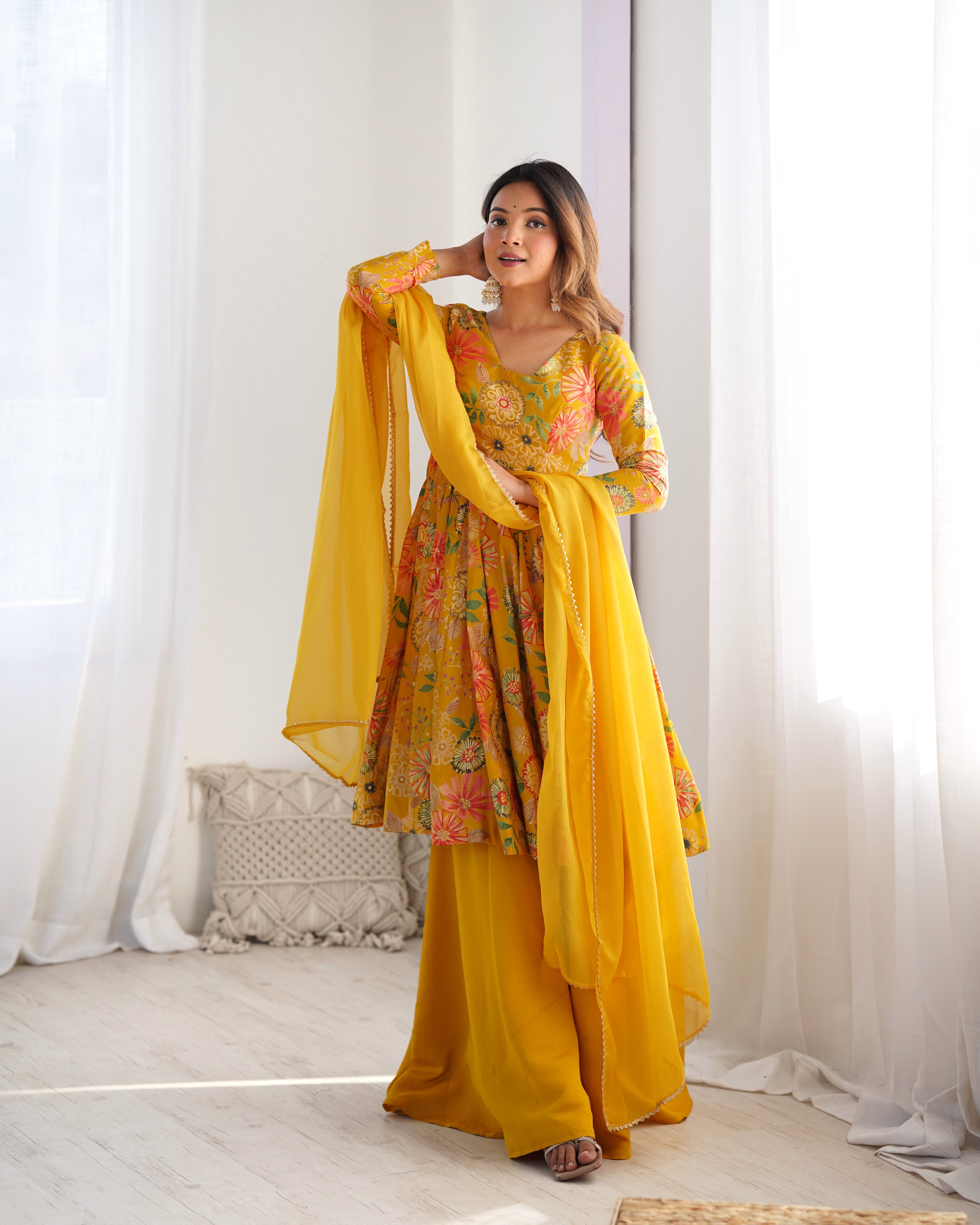 Elegant Pure Romansilk Chanderi Discharge Print Kediya Style Kurta Set with Palazzo &amp; Dupatta