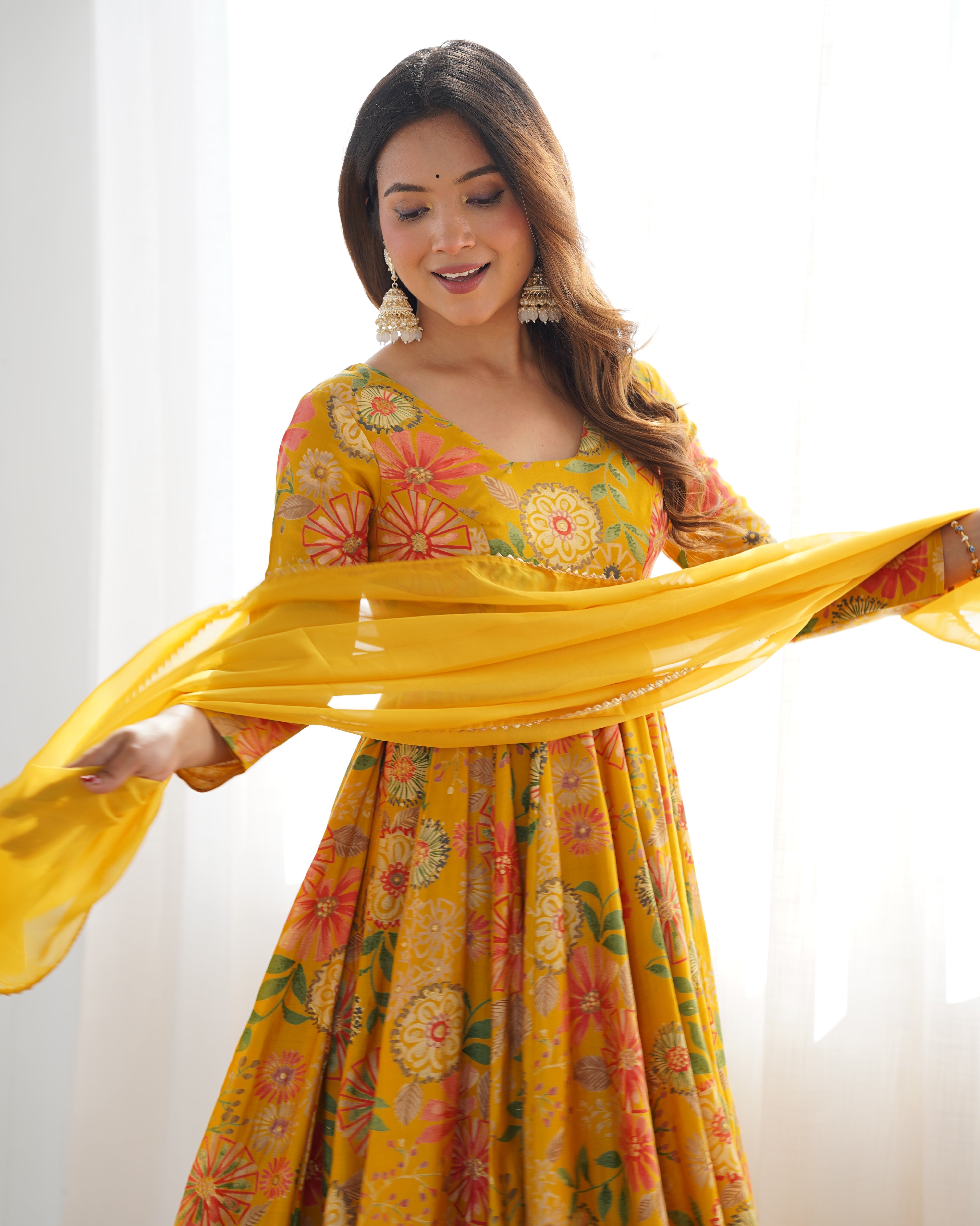 Elegant Pure Romansilk Chanderi Discharge Print Kediya Style Kurta Set with Palazzo &amp; Dupatta