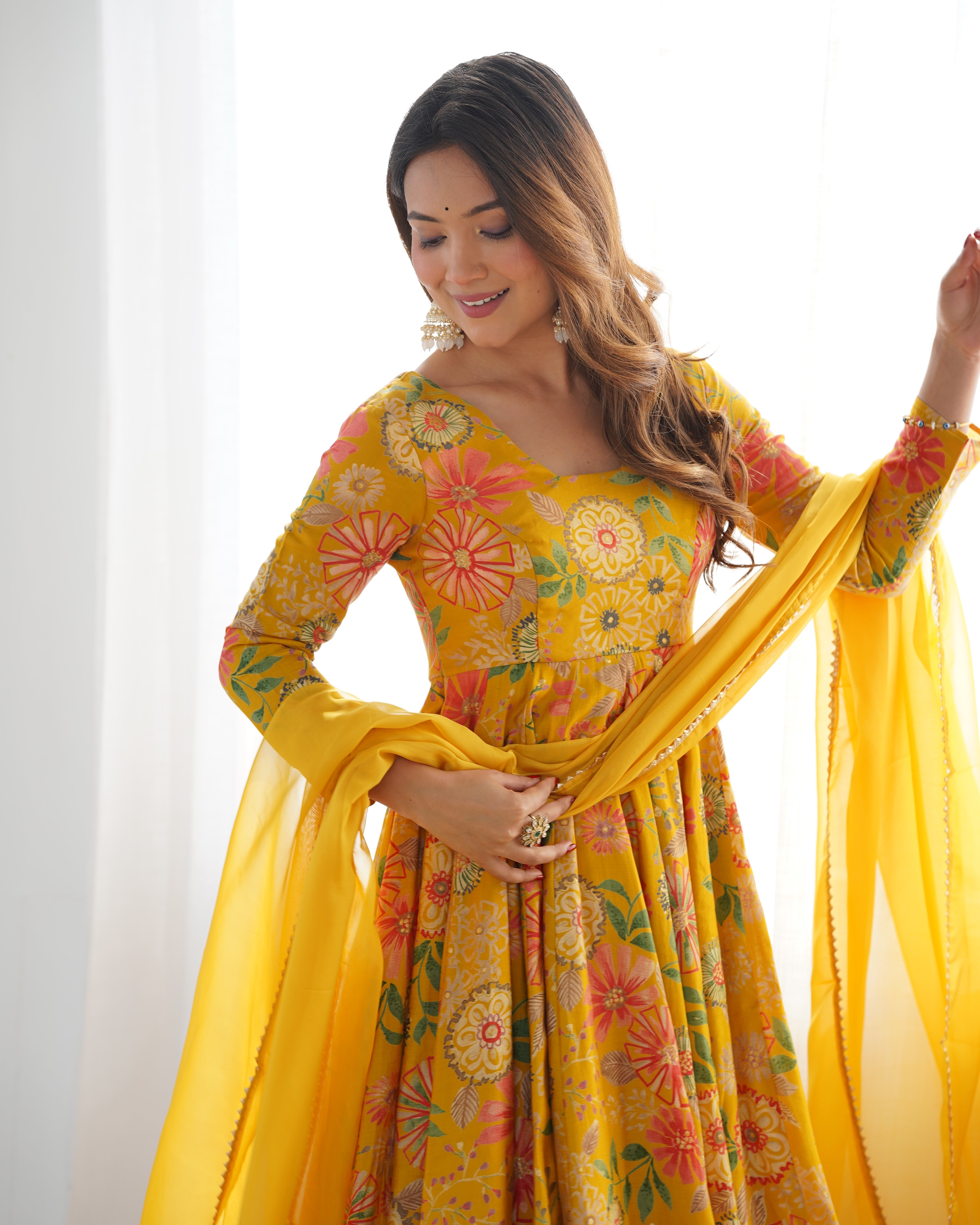 Elegant Pure Romansilk Chanderi Discharge Print Kediya Style Kurta Set with Palazzo &amp; Dupatta