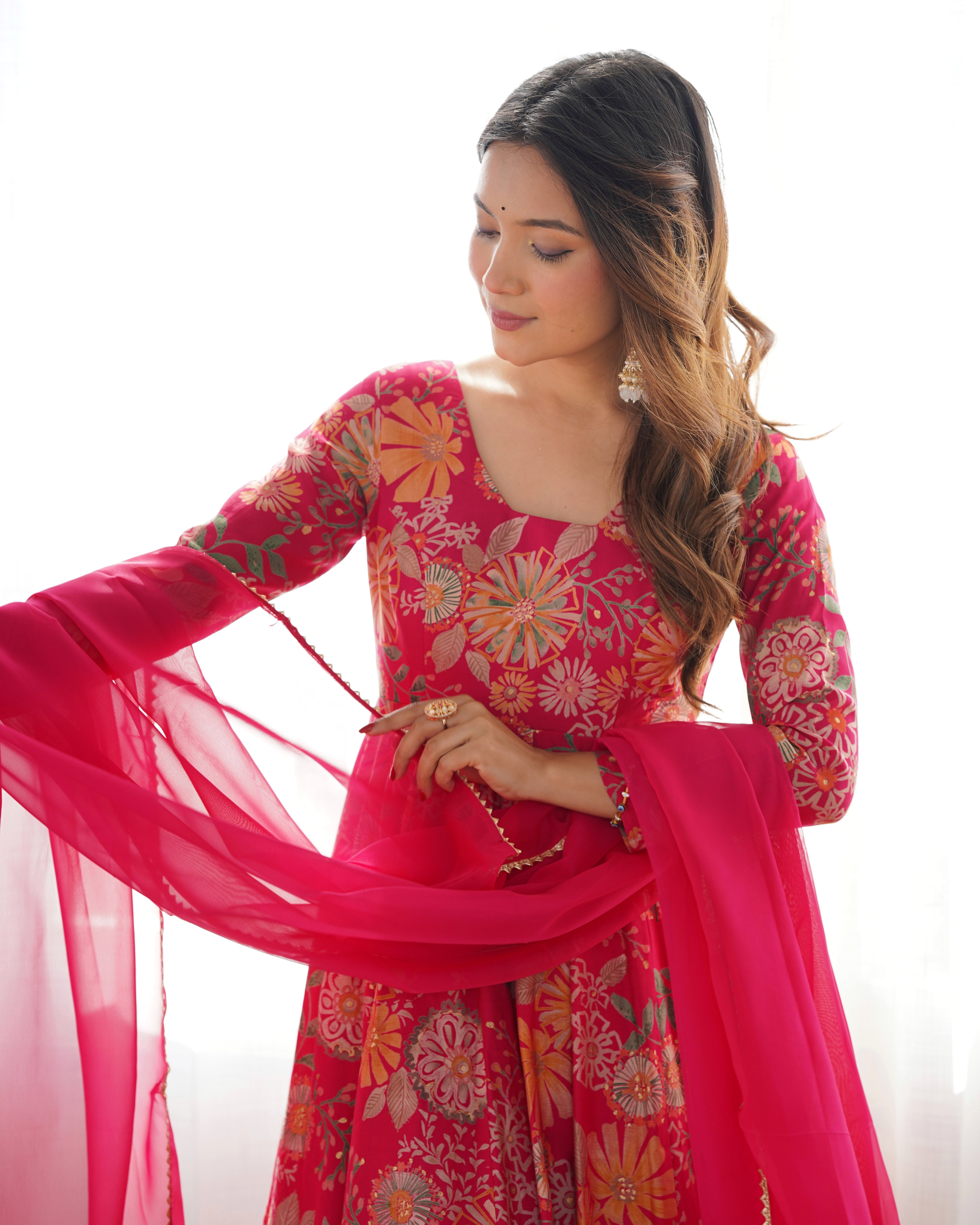 Elegant Pure Romansilk Chanderi Discharge Print Kediya Style Kurta Set with Palazzo &amp; Dupatta