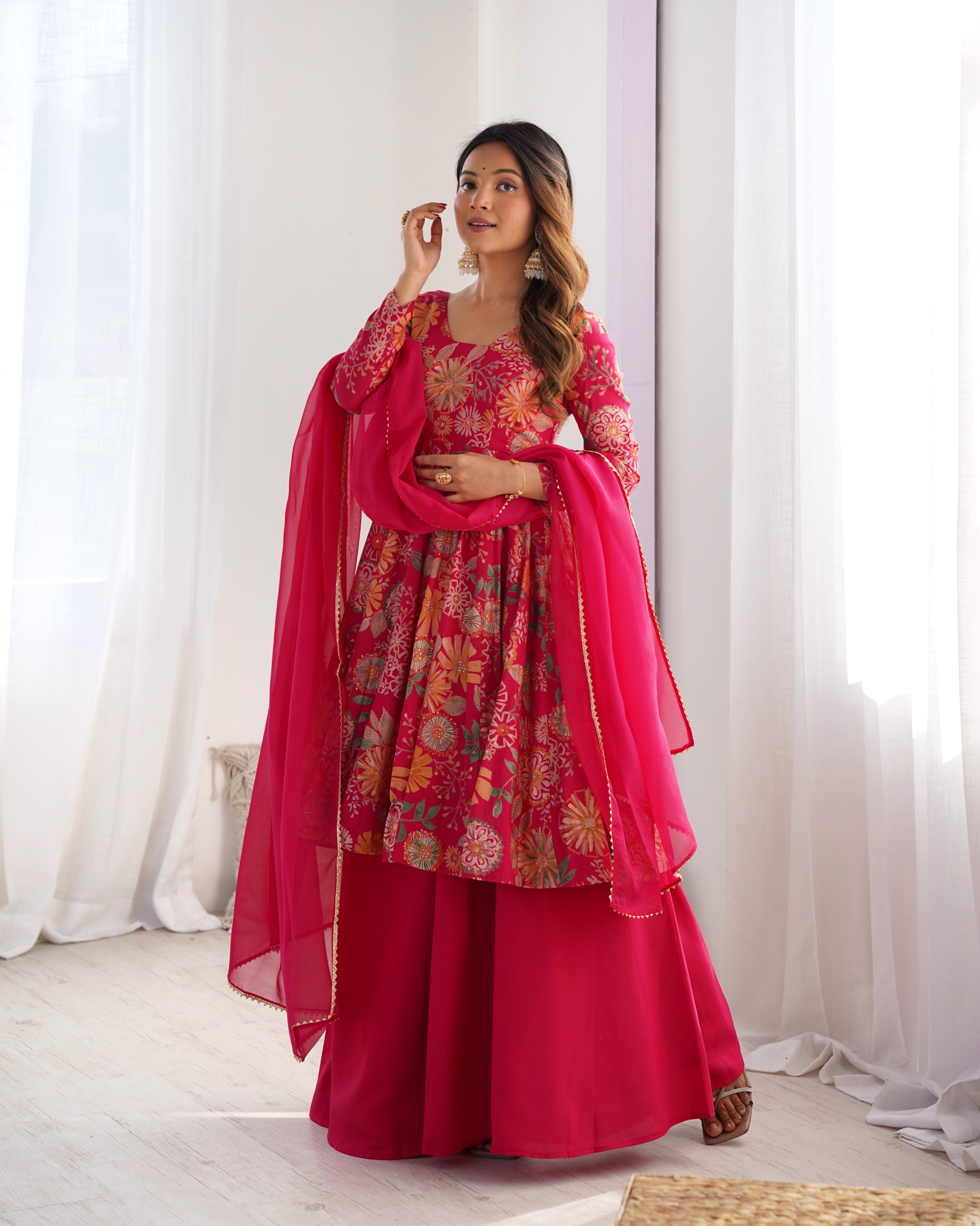 Elegant Pure Romansilk Chanderi Discharge Print Kediya Style Kurta Set with Palazzo &amp; Dupatta