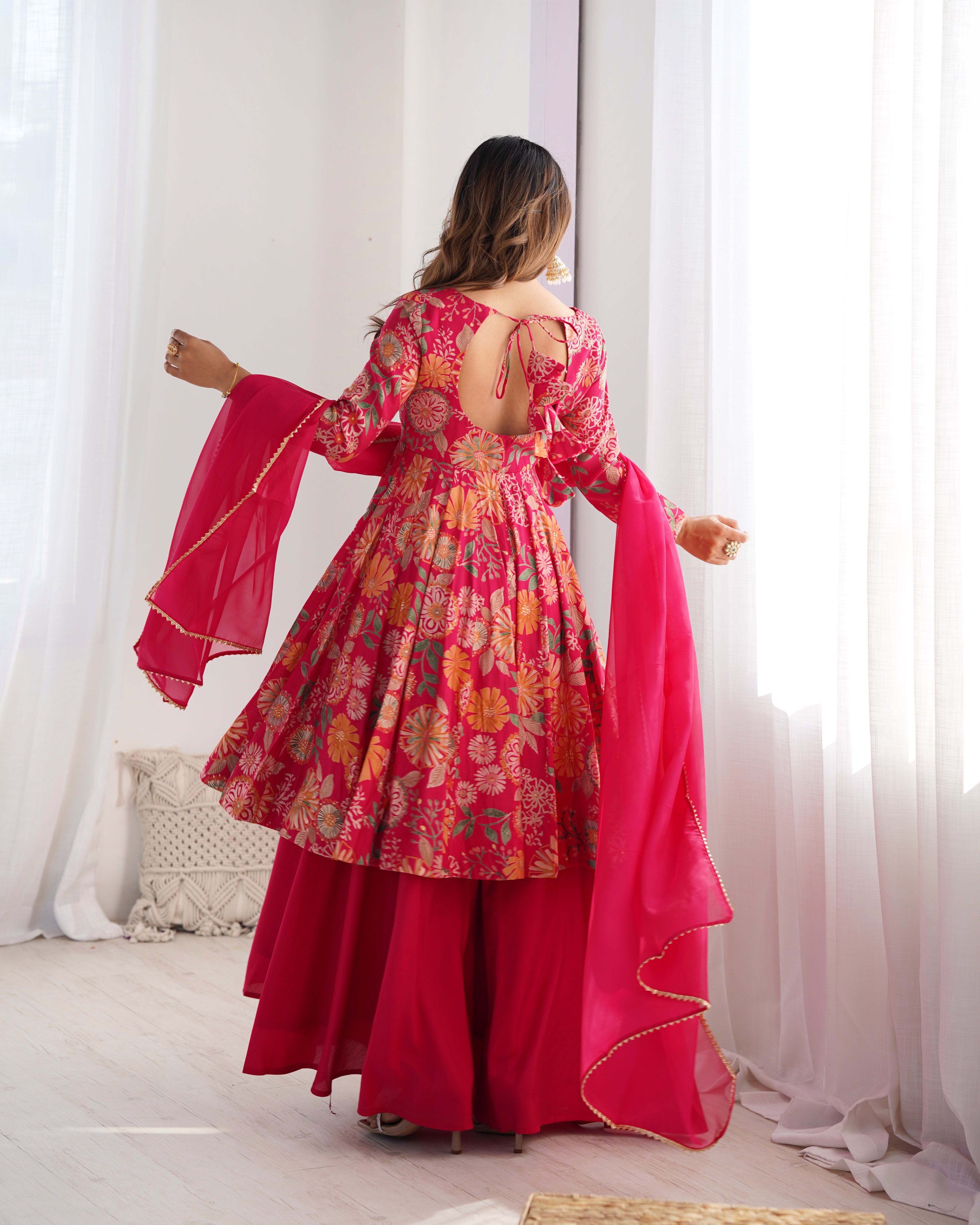 Elegant Pure Romansilk Chanderi Discharge Print Kediya Style Kurta Set with Palazzo &amp; Dupatta