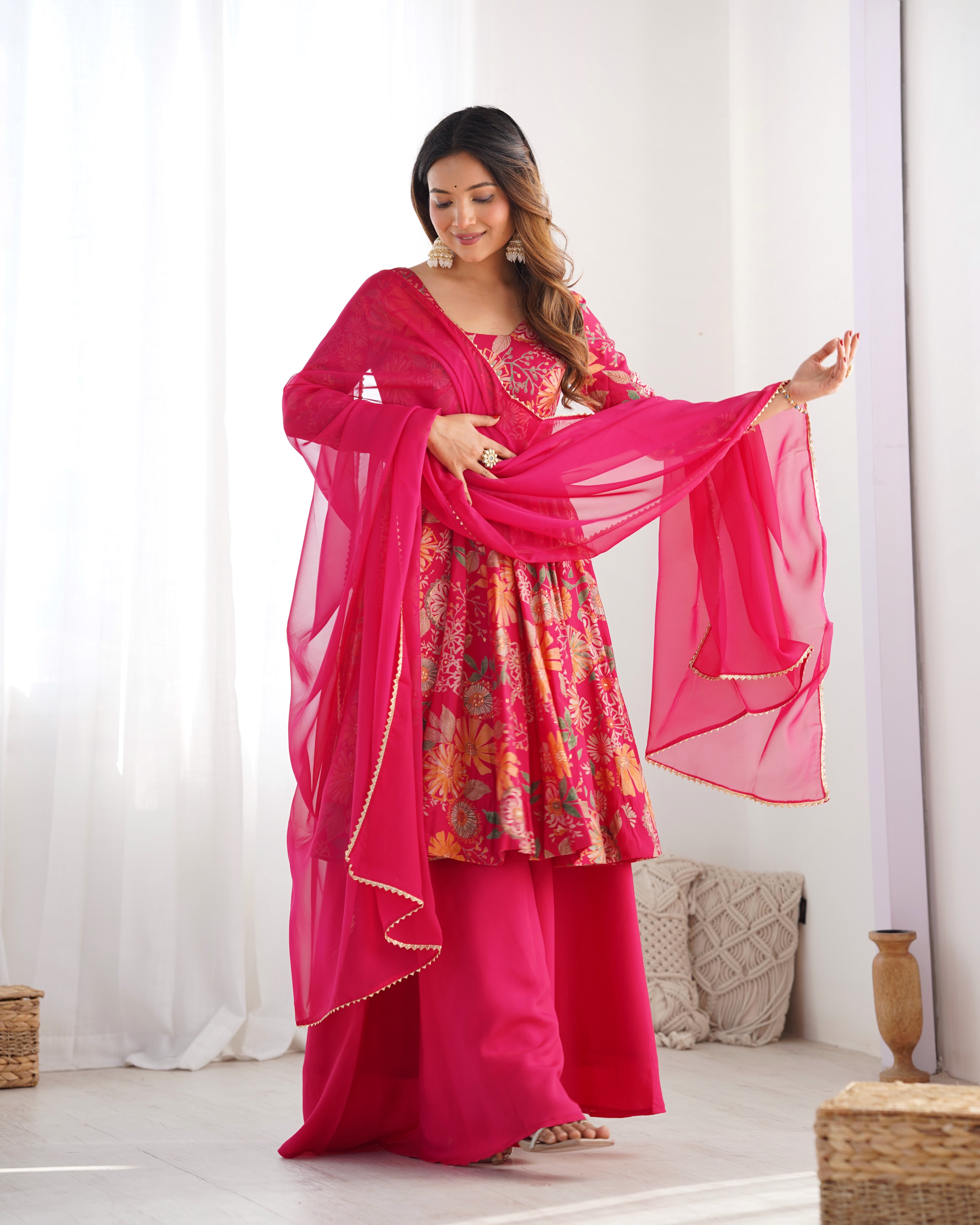 Elegant Pure Romansilk Chanderi Discharge Print Kediya Style Kurta Set with Palazzo &amp; Dupatta