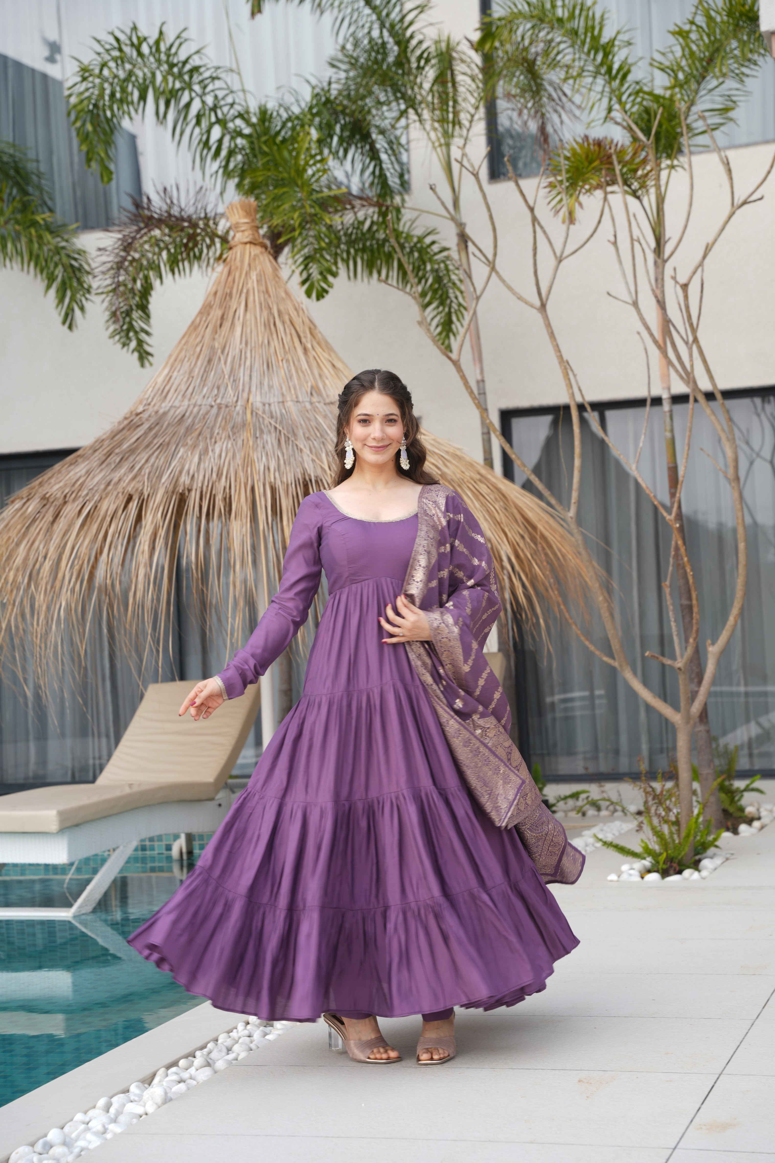 Graceful Pure Romansilk Chanderi Anarkali Set with Pant & Dupatta