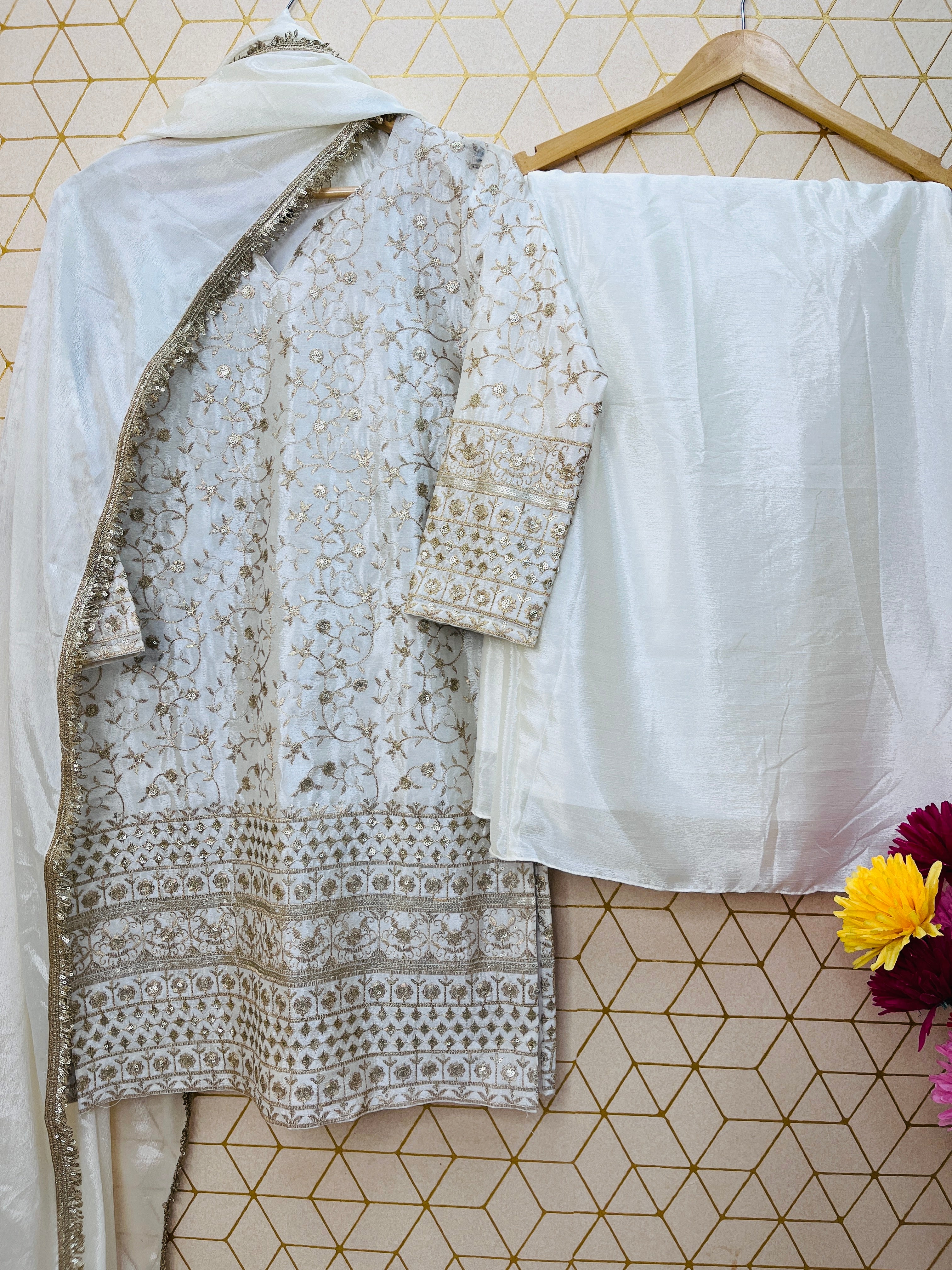Sequence Embroidery on Pure Chinon Silk Top, Plazzo &amp; Dupatta Set