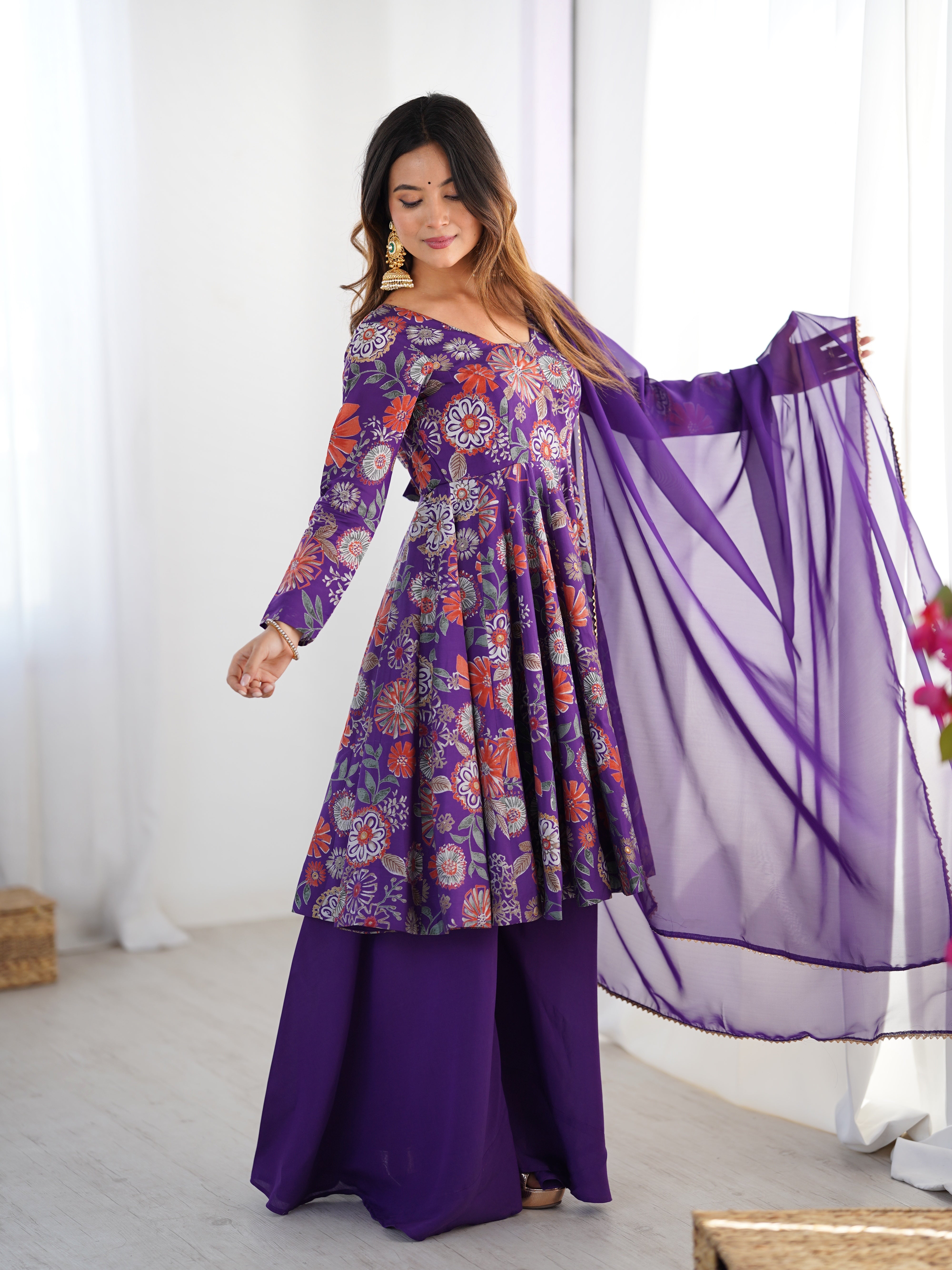 Elegant Pure Romansilk Chanderi Discharge Print Kediya Style Kurta Set with Palazzo &amp; Dupatta