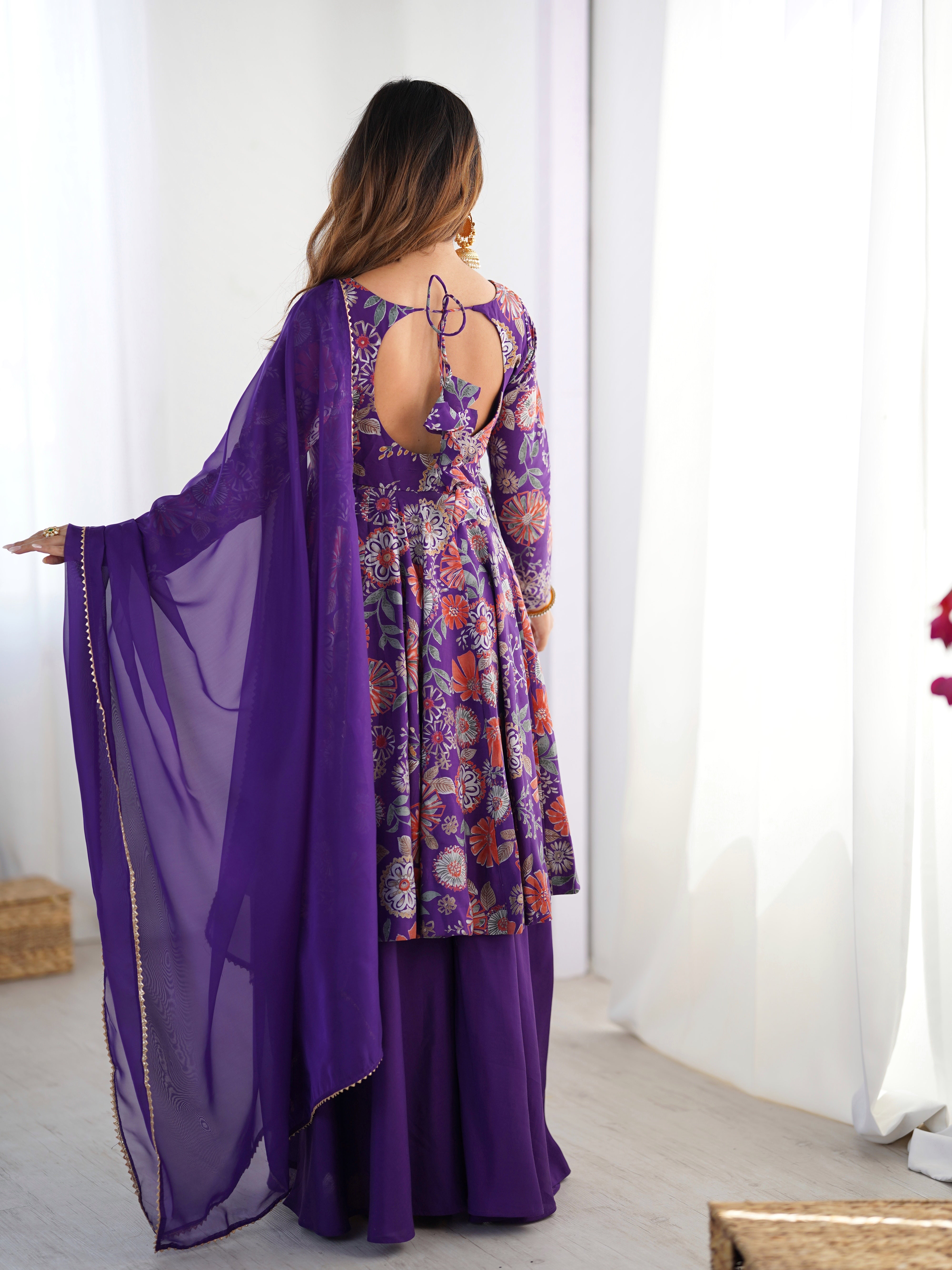 Elegant Pure Romansilk Chanderi Discharge Print Kediya Style Kurta Set with Palazzo &amp; Dupatta