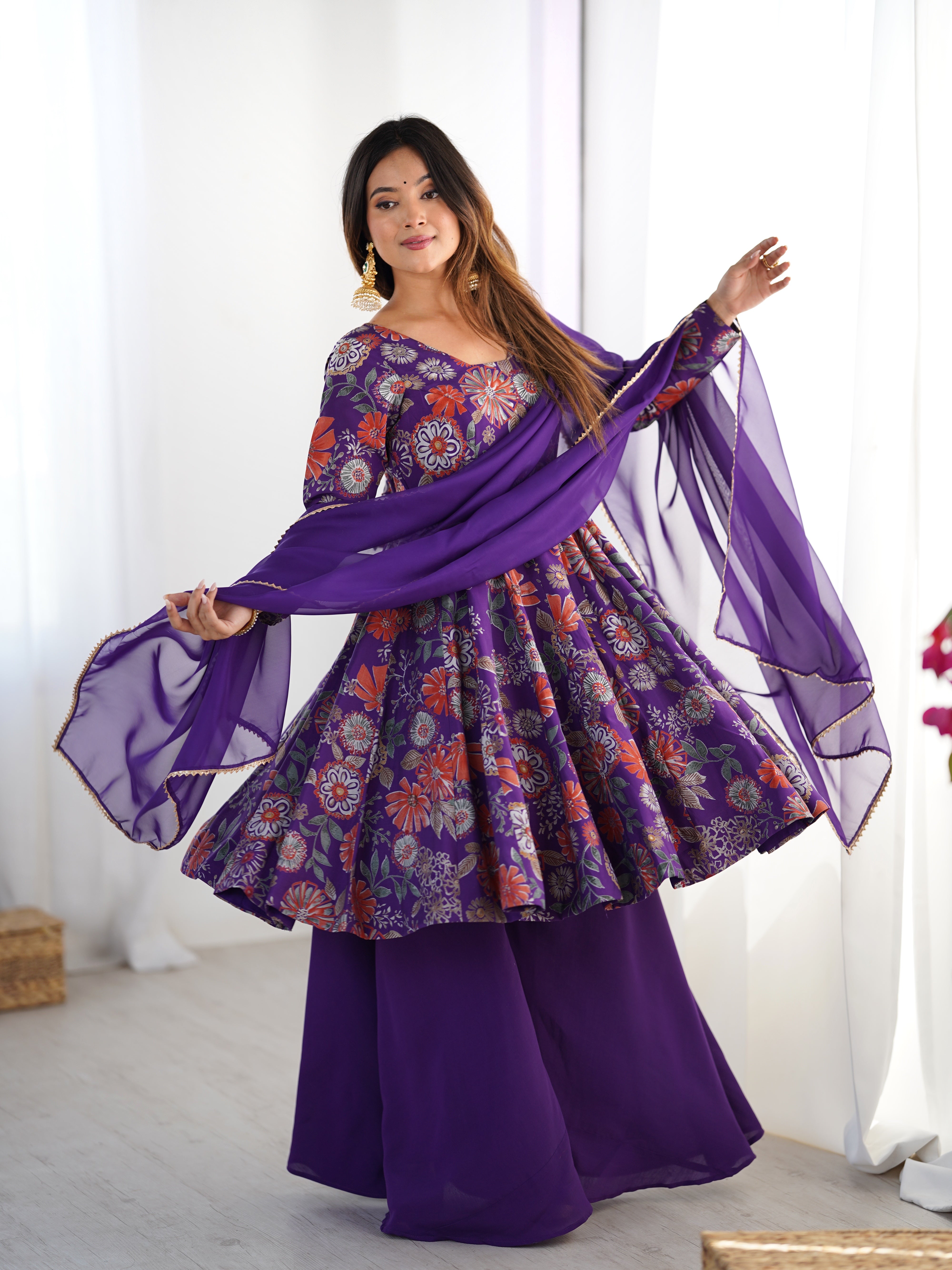 Elegant Pure Romansilk Chanderi Discharge Print Kediya Style Kurta Set with Palazzo &amp; Dupatta